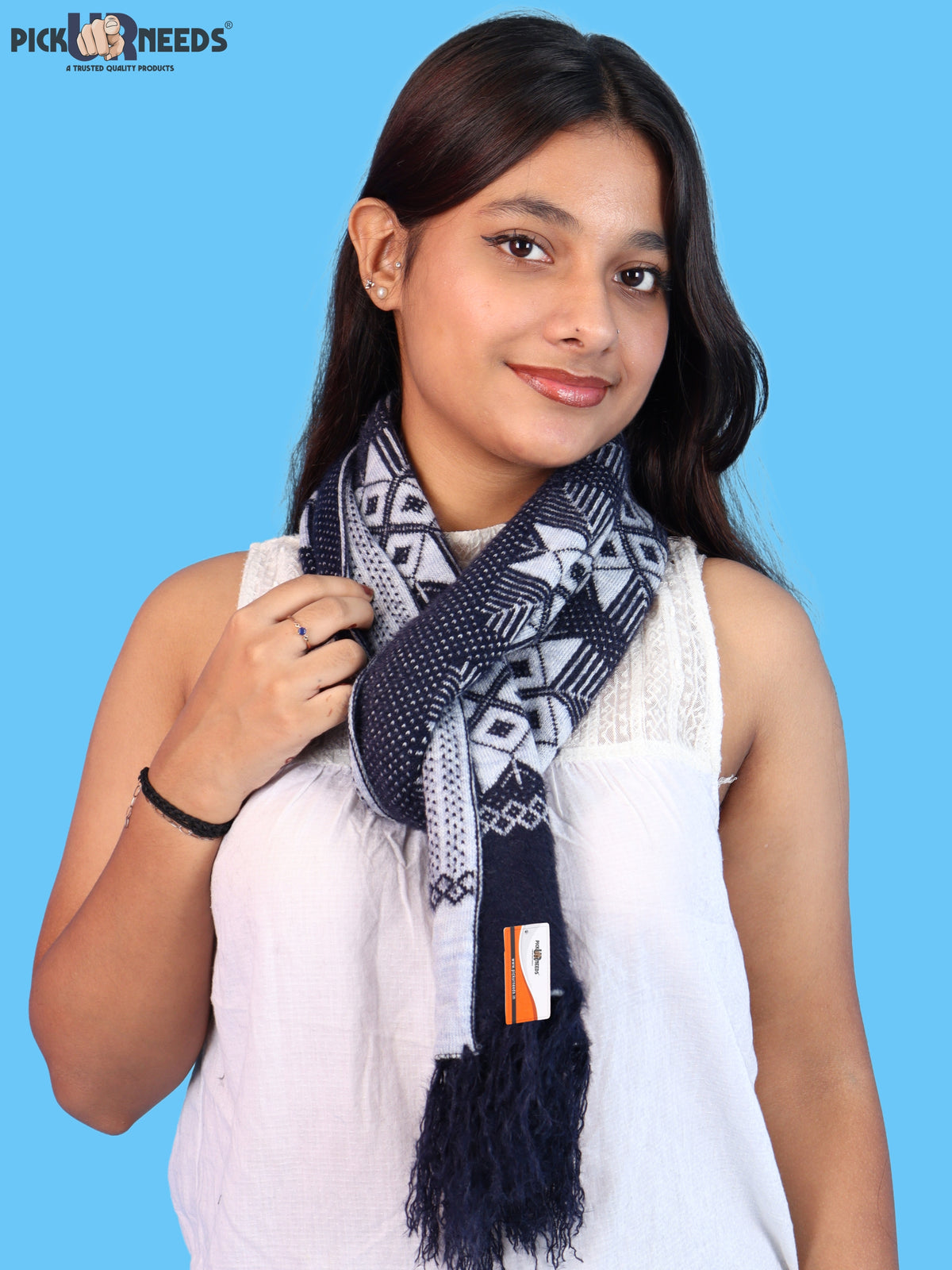 Pick Ur Needs Women & Girls Reversible Knitted Winter Muffler, Soft Warm Woollen Scarf with Geometric Pattern and Tassels, Lightweight Dual-Sided Winter Wrap