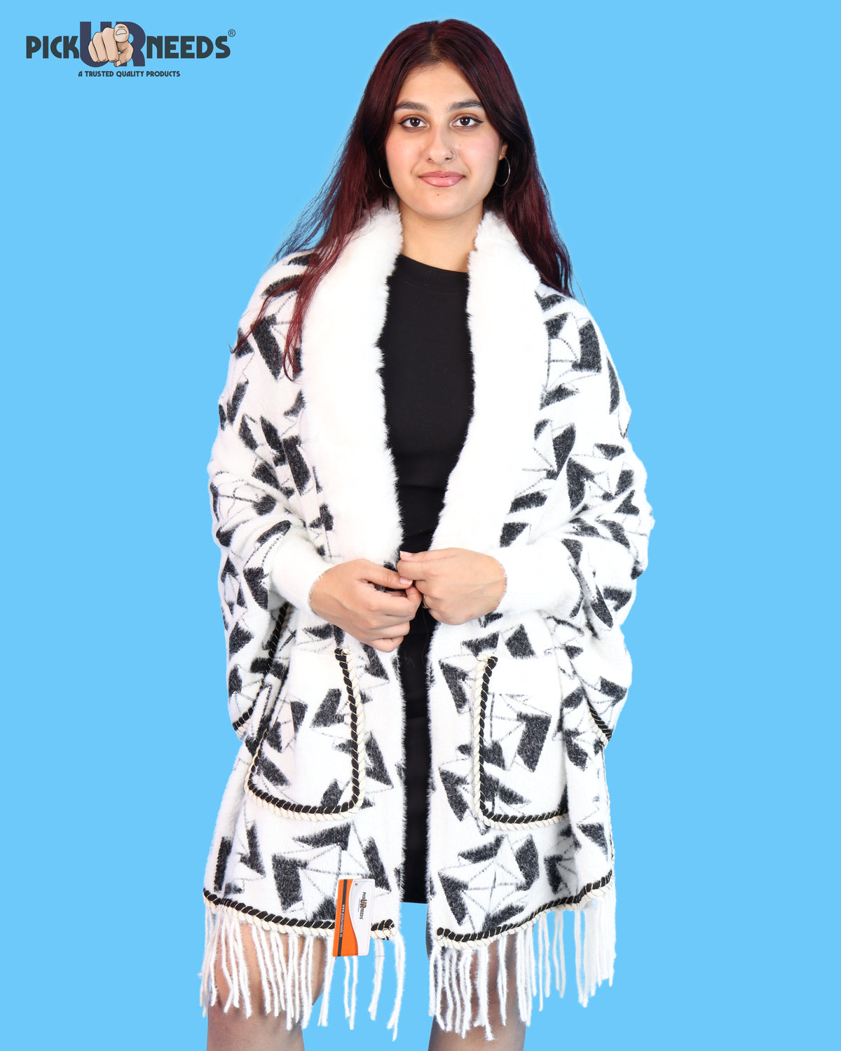 Pick Ur Needs Womens Warm Woolen Girls Shawl with Fur Collar, Elegant Printed Winter Wrap with Decorative Border & Tassel, Stylish Shoulder Stole for Wedding Party