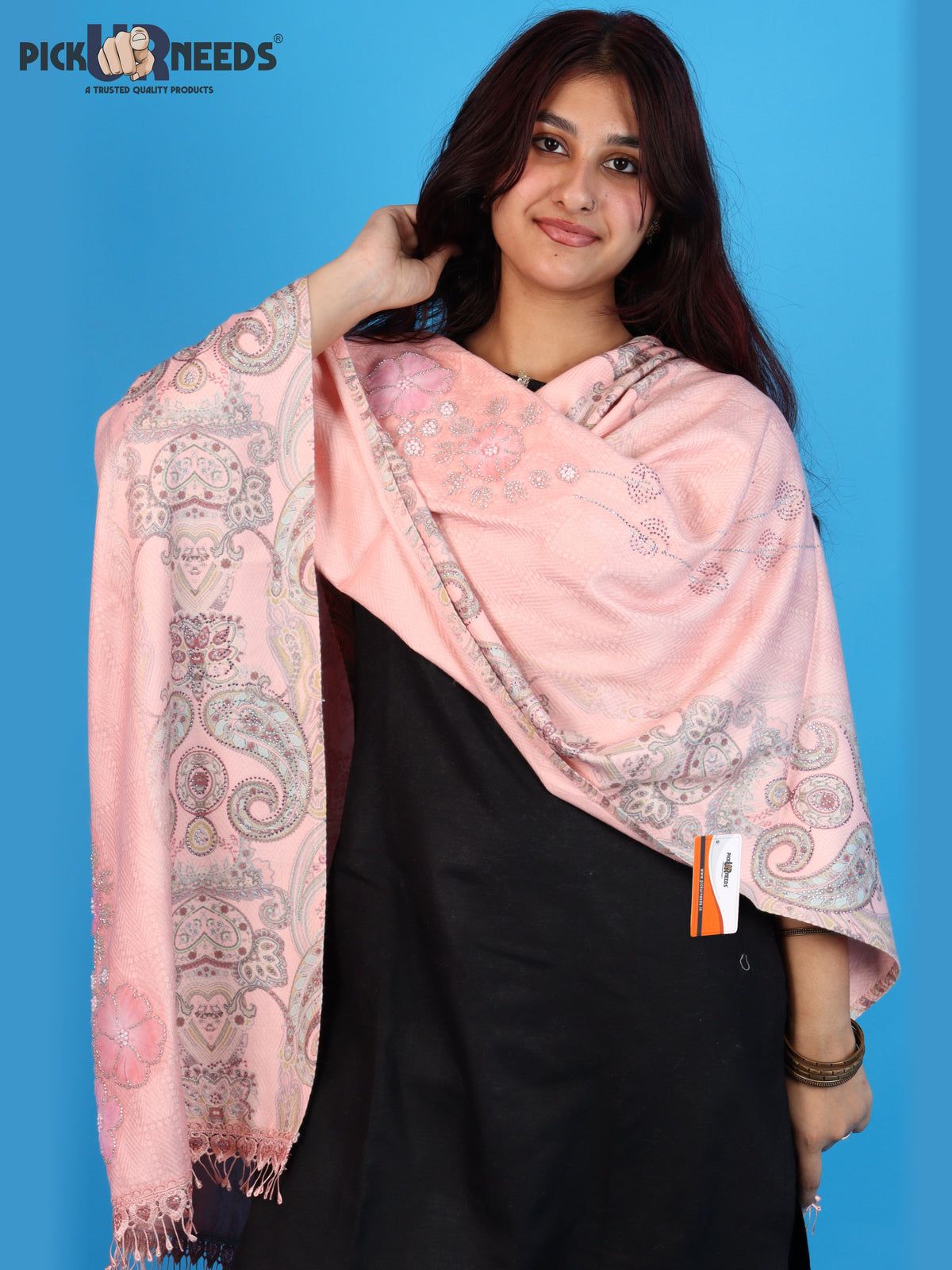 Pick Ur Needs Womens Designer Winter Elegant Floral Embellished Paisley Print Girls Shawl with Decorative Fringe Border