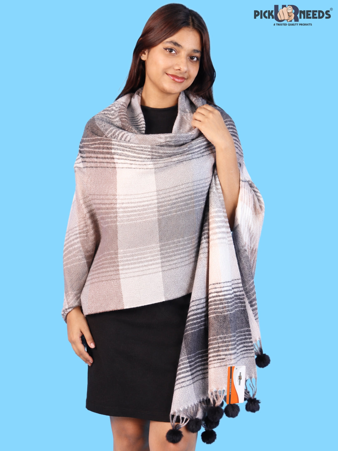 Pick Ur Needs Women & Girls Winter Shawl Soft Warm Striped Pattern Shawl with Tassel & Pom Pom Border Stylish Ladies Winter Wrap