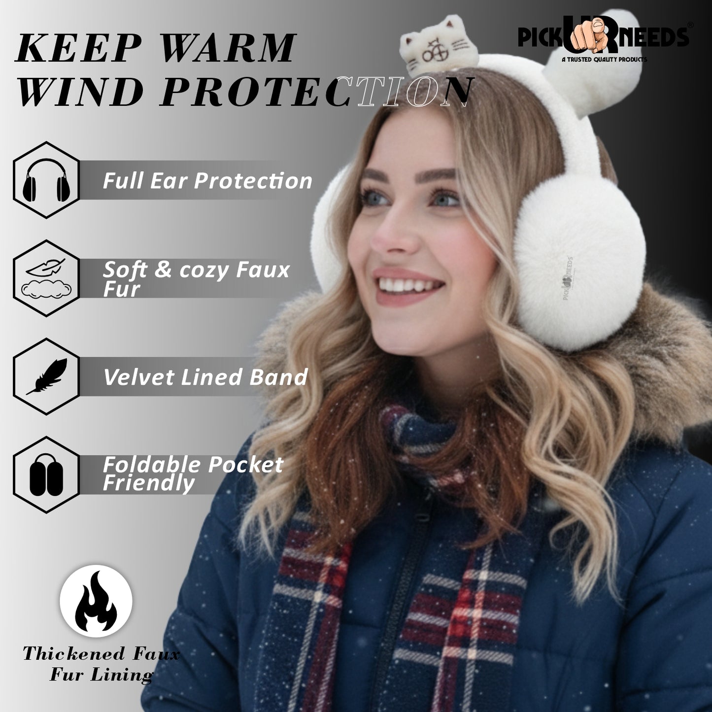 Pick Ur Needs Cute Cat Ear Muffs for Women & Kids – Foldable Ultra-Soft Winter Earmuffs, Lightweight Plush Ear Warmers