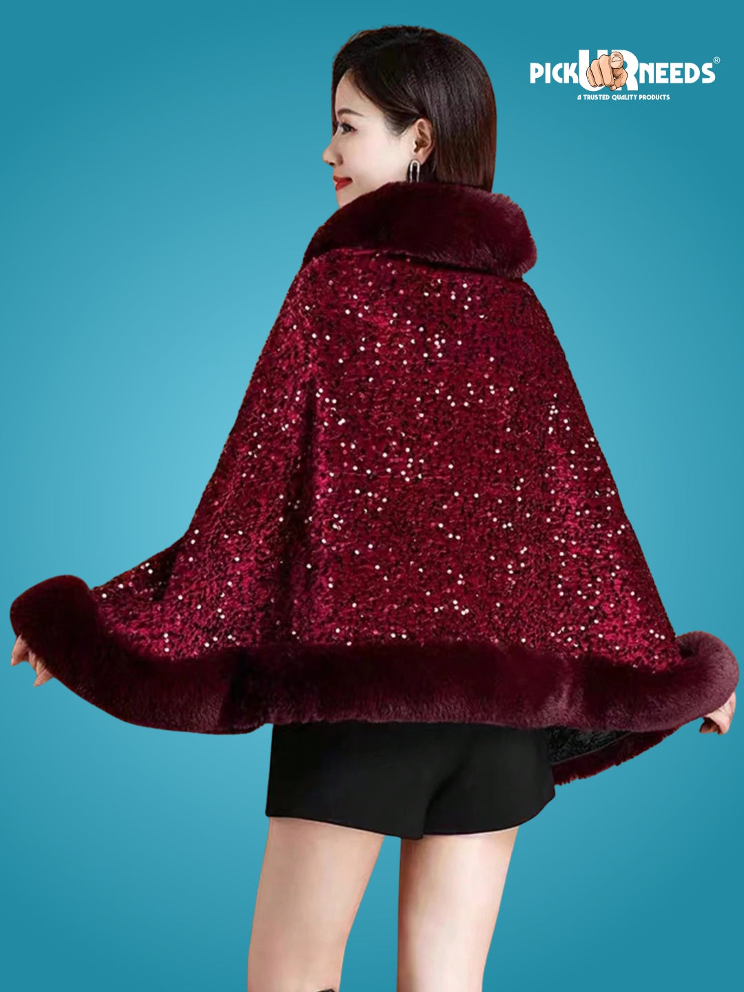Visit the Pick Ur Needs Store Pick Ur Needs Luxury Sequin Faux Fur Shawl for Women Poncho & Winter Shrug Soft Warm Designer Wrap for Evening Parties
