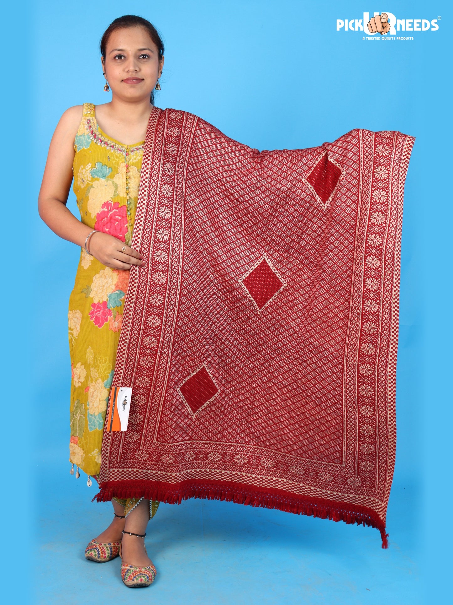 Pick Ur Needs Women & Girls Designer Shawl Stole with Elegant Woven Floral & Geometric Pattern, Soft Warm Winter Wrap with Fringed Border, Stylish Shoulder Scarf for Ladies
