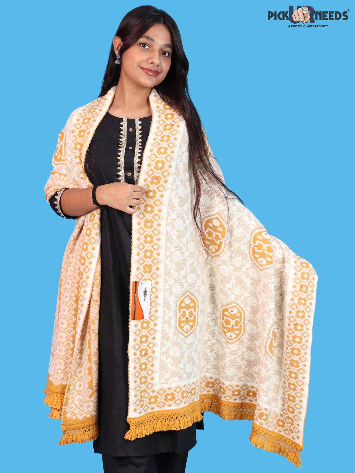 Pick Ur Needs Printed Women’s Woolen Shawl with Elegant Floral Pattern & Fur Border