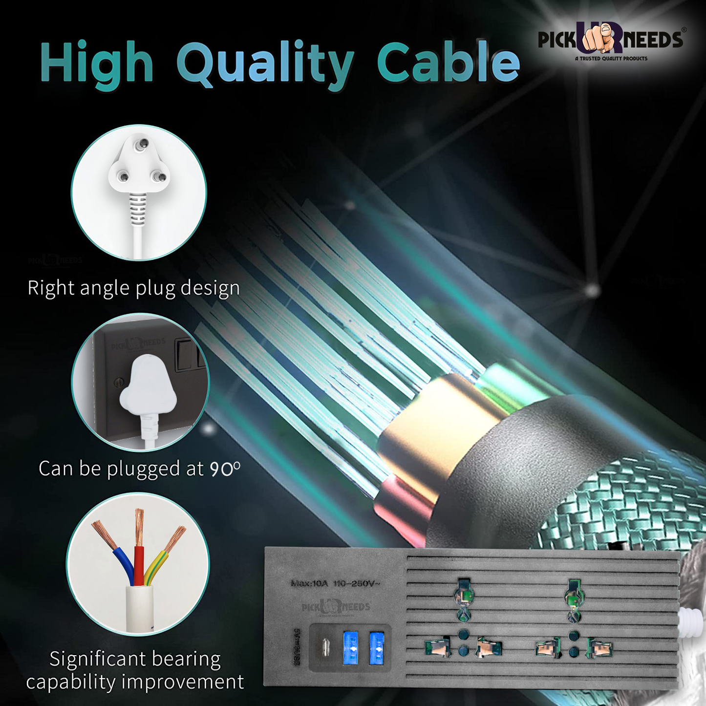 Pick Ur Needs Extension Cord 10A with Universal 2 Socket & 3 USB Port Extension Boards for Multiple Use