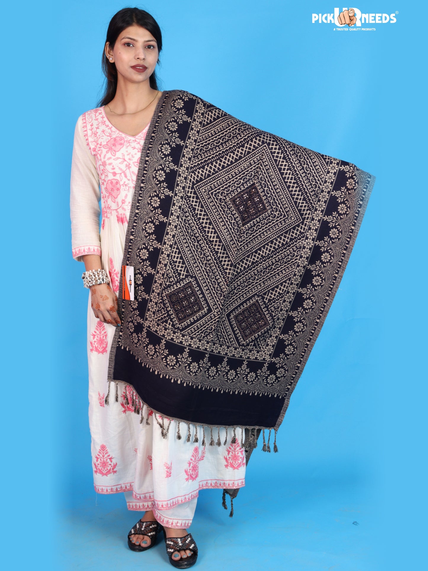 Pick Ur Needs Womens Elegant Embroidered Pattern Shawl Statement Wrap with Artistic Motif Work & Fringe Detailing Girls Stole for Ethnic and Casual Styling