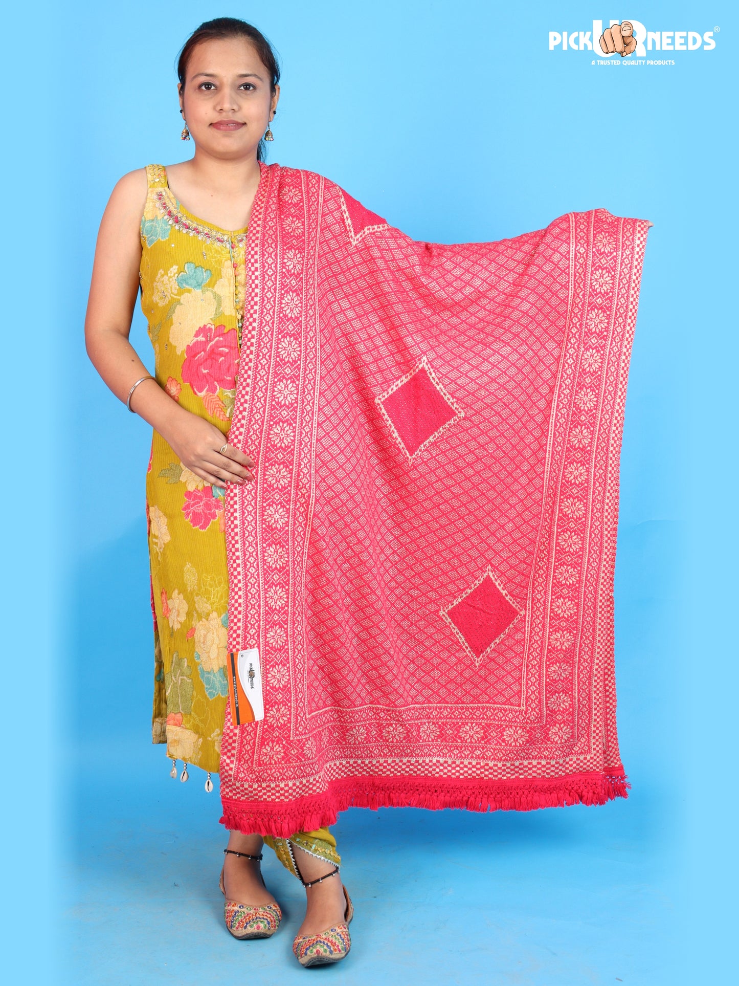 Pick Ur Needs Women & Girls Designer Shawl Stole with Elegant Woven Floral & Geometric Pattern, Soft Warm Winter Wrap with Fringed Border, Stylish Shoulder Scarf for Ladies
