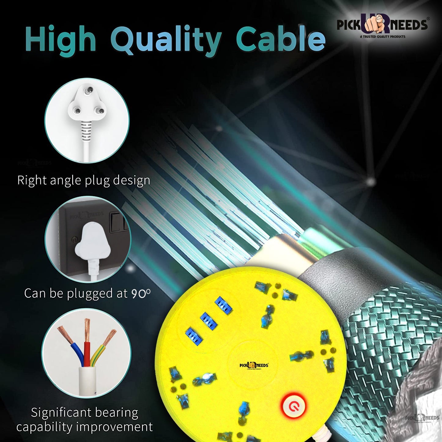 Pick Ur Needs Extension Cord Board with 3 USB Charging Ports and 4 Socket -10 Amp Heavy Duty for Multiple Devices Smartphone Tablet Laptop