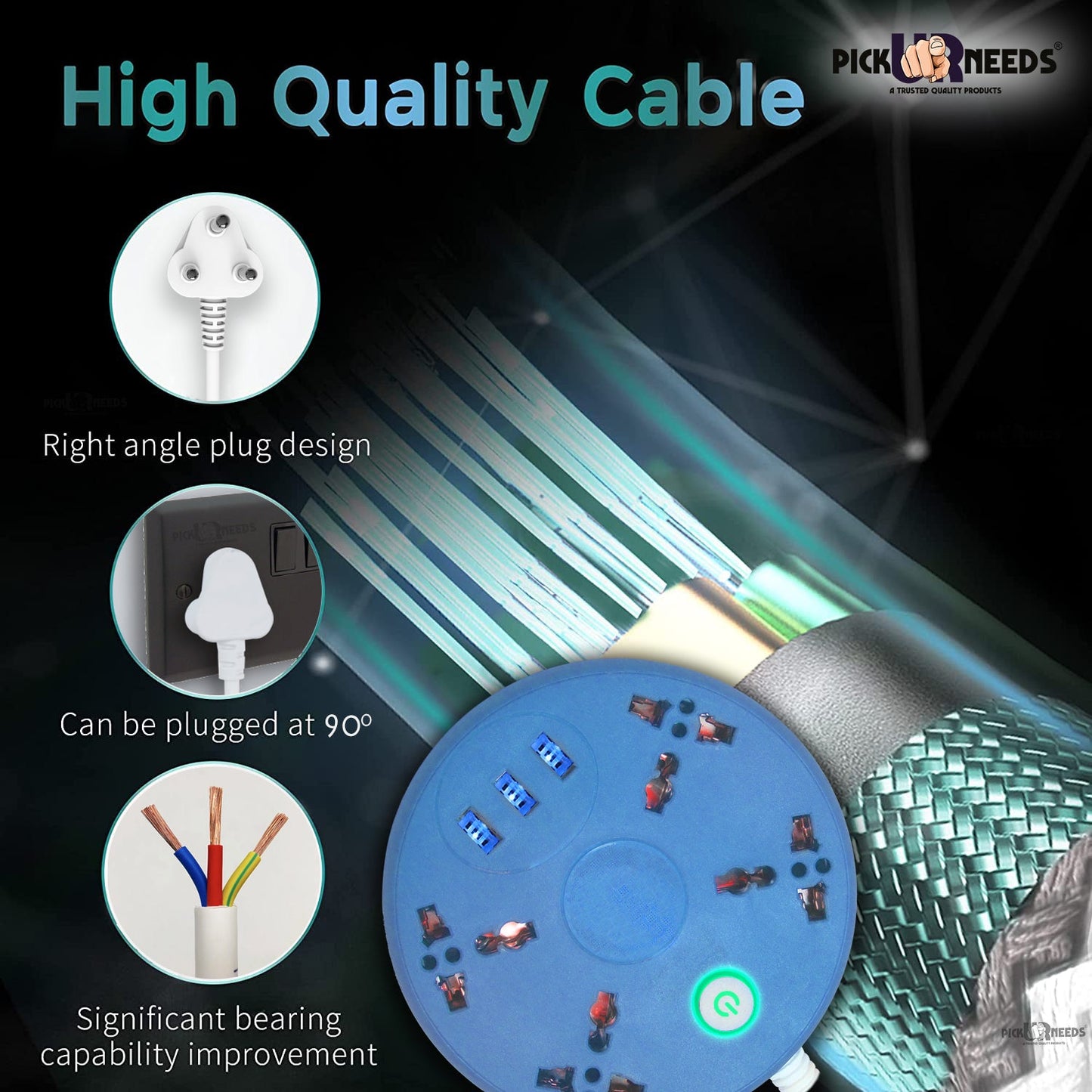 Pick Ur Needs Extension Cord Board with 3 USB Charging Ports and 4 Socket -10 Amp Heavy Duty for Multiple Devices Smartphone Tablet Laptop