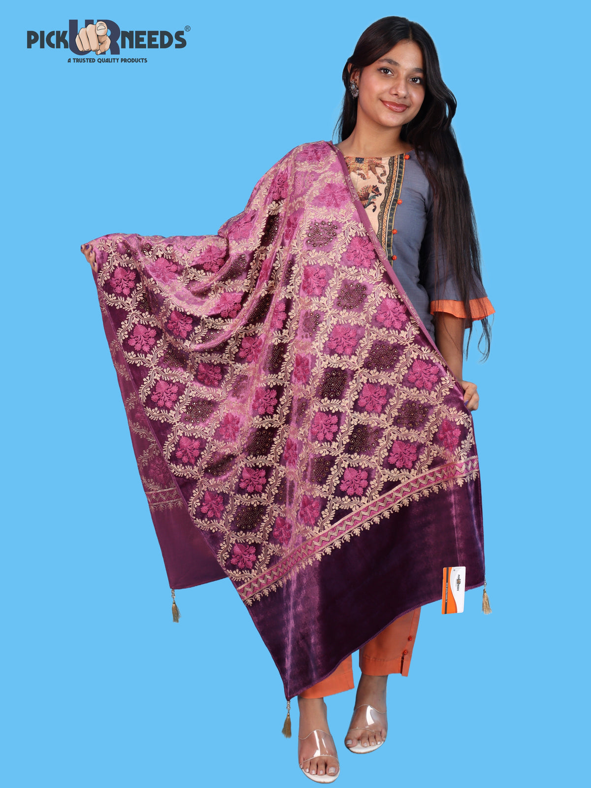 Pick Ur Needs Womens Velvet Woolen Girls Shawl with Elegant Embroidered Design, Warm Winter Wrap for Wedding Parties, Festive Occasions