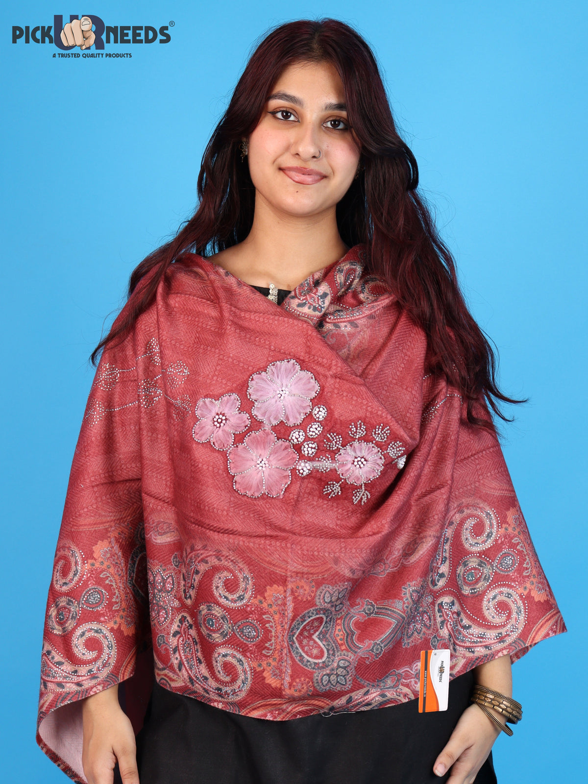 Pick Ur Needs Womens Designer Winter Elegant Floral Embellished Paisley Print Girls Shawl with Decorative Fringe Border