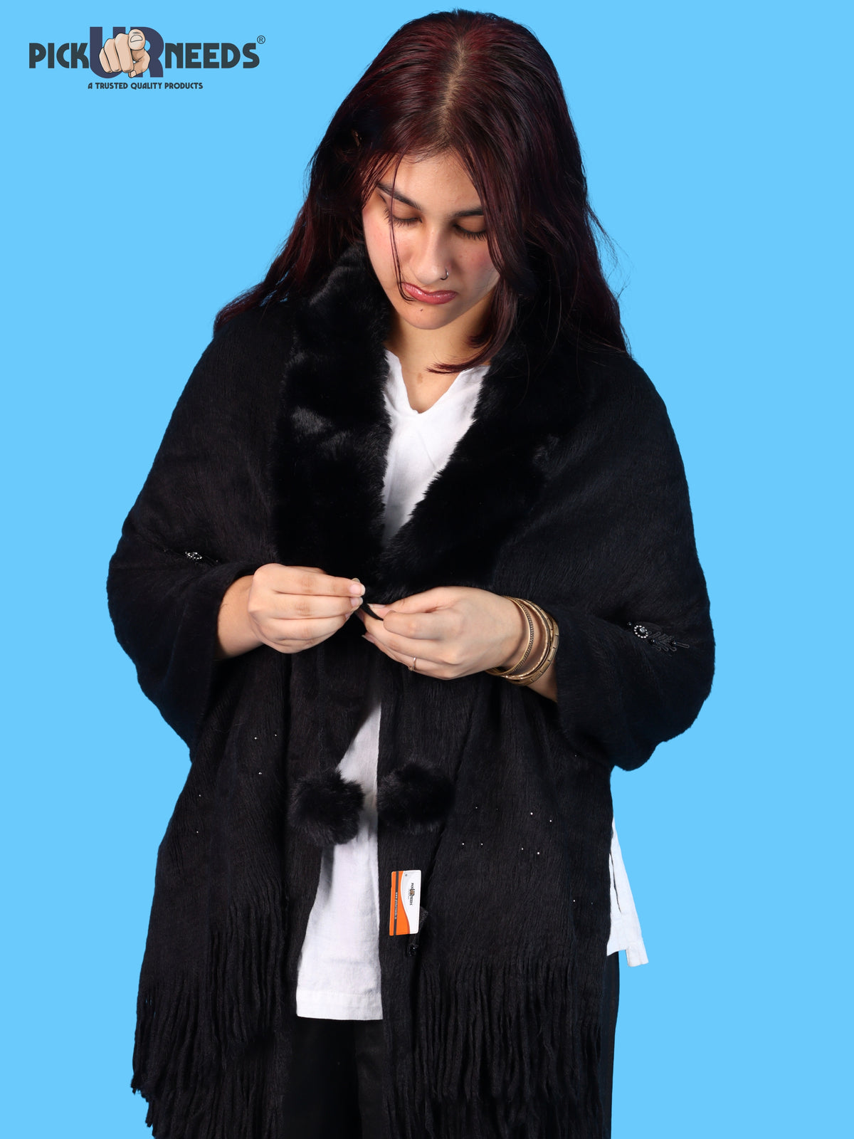 Pick Ur Needs Womens Premium Winter Shawl Shrug with Soft Fur Collar, Floral Embroidery, Pom-Pom Tie & Fringe Detailing Stylish Warm Wrap for Girls