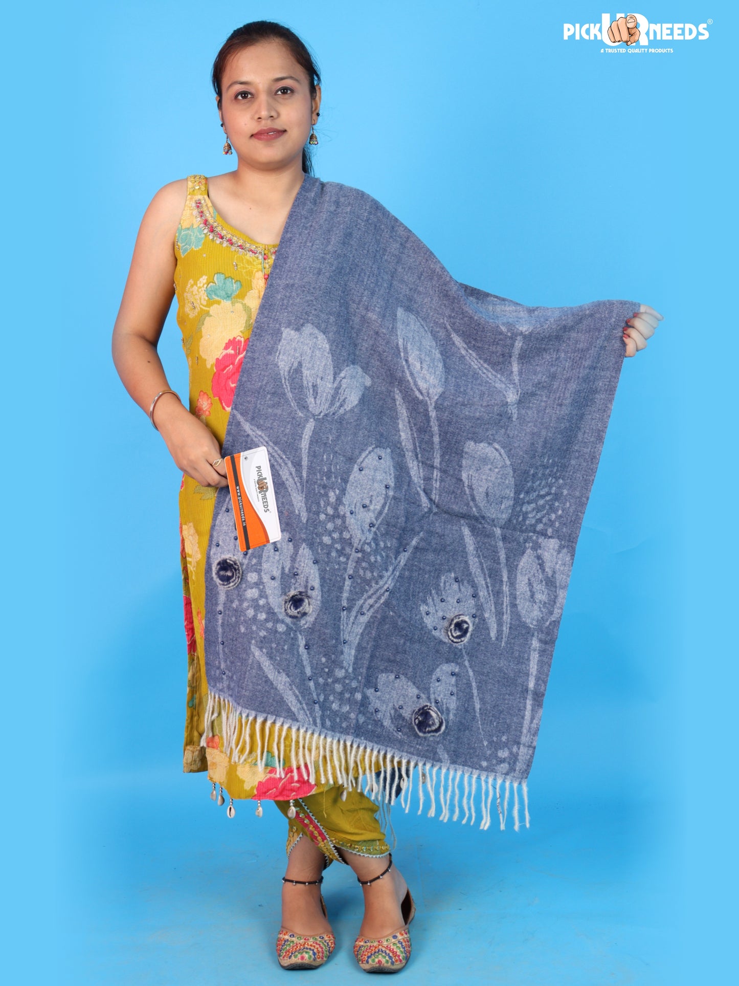 Pick Ur Needs Ladies Premium Printed Winter Shawl with Floral Pattern, Decorative Bead Detailing, Soft Warm Wrap with Fringe Tassels for Women & Girls