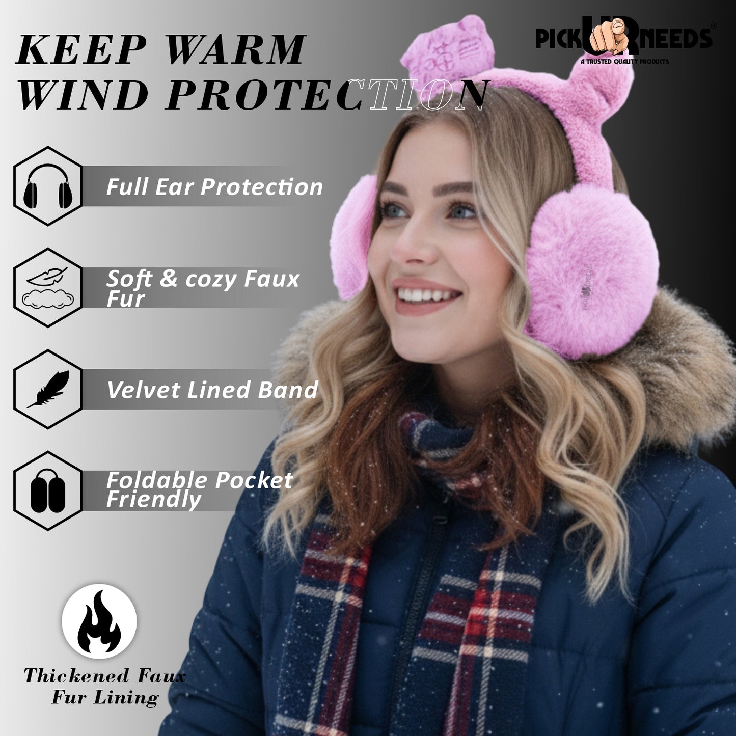 Pick Ur Needs Cute Cat Ear Muffs for Women & Kids – Foldable Ultra-Soft Winter Earmuffs, Lightweight Plush Ear Warmers