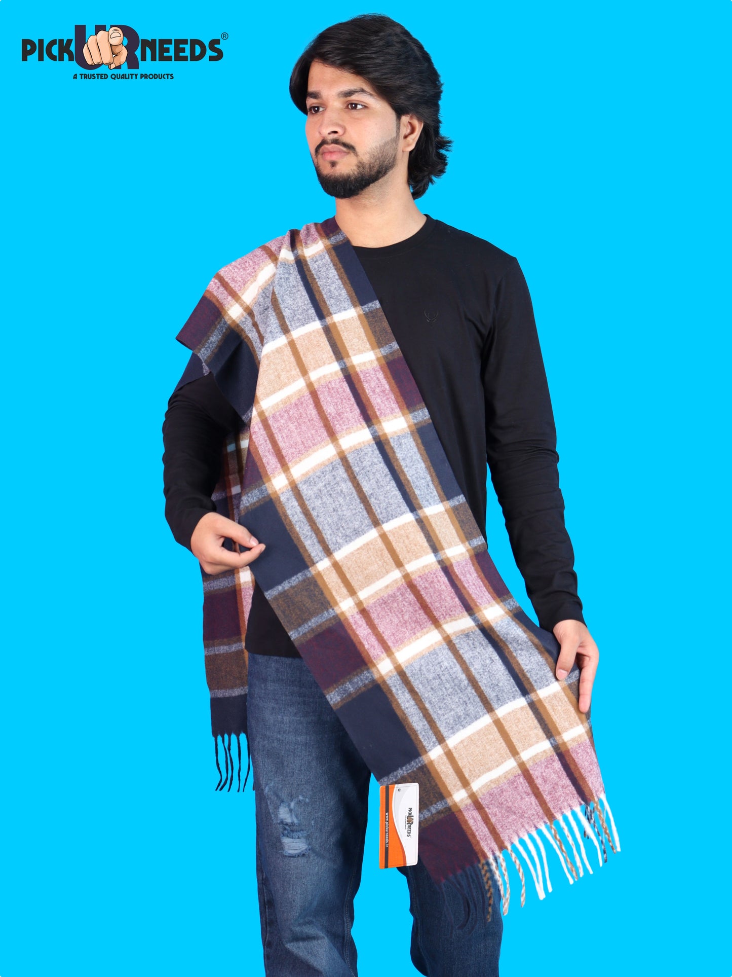 Pick Ur Needs Men’s Winter Muffler Shawl Soft Warm Checkered Scarf with Fringes  Stylish Neck Wrap for Men & Boys  Winter Wear Accessory