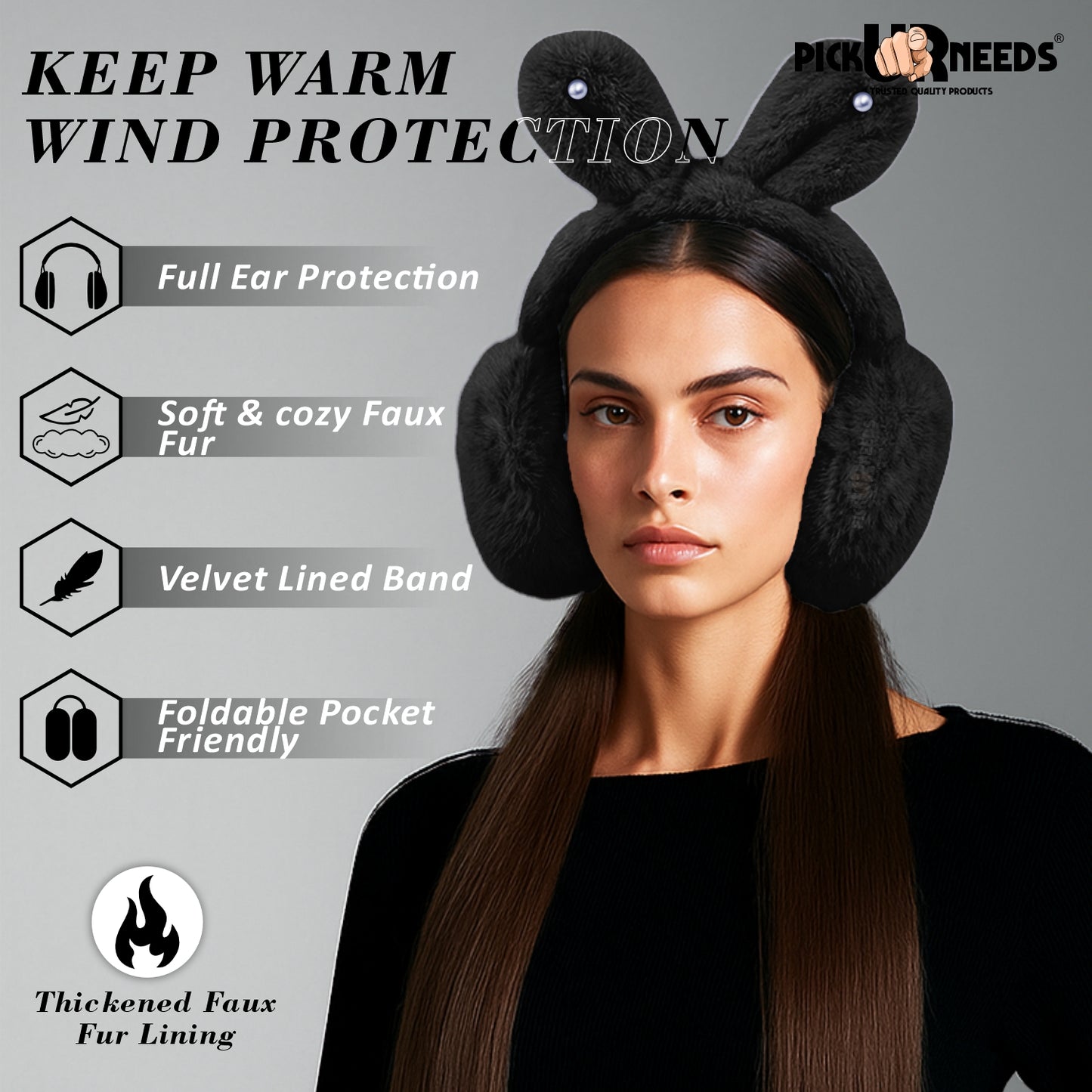 Pick Ur Needs Plush Earmuffs for Women & Girls with Stone Detail – Foldable Ultra-Soft Ear Warmers, Lightweight Winter Ear Muffs, Warm & Comfortable Cold Weather Accessory