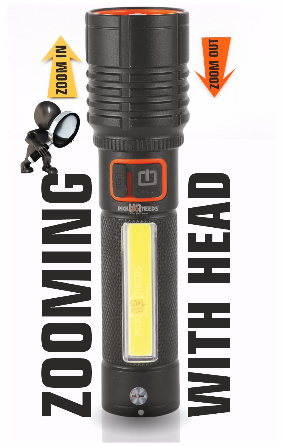 Pick Ur Needs Rechargeable 100W Aluminium Body Home Emergency Mini Search Torch Light Zoomable with 3 Mode + Side COB with 2 Mode 1200mAH Battery