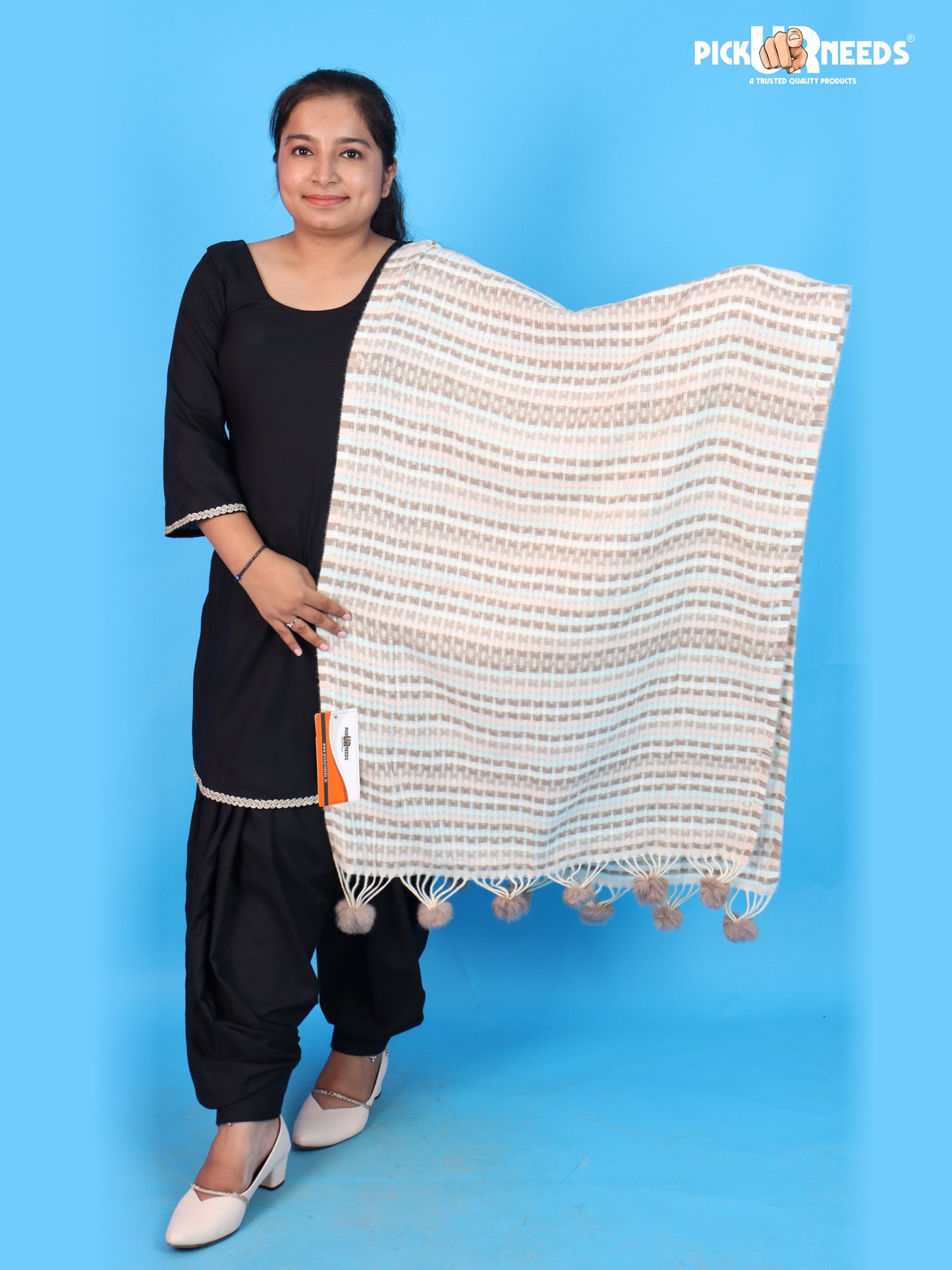 Pick Ur Needs Girls Designer Winter Shawl with Stylish Striped Pattern Textured Shoulder Wrap with Pom Pom Tassels Elegant Stole for Women Party, Casual & Ethnic Wear