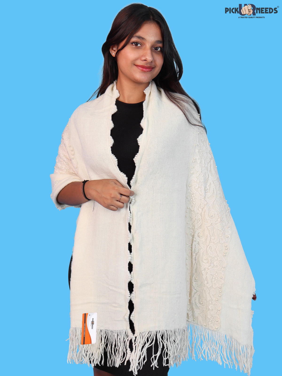 Pick Ur Needs Girls & Womens Shawl with Embroidered Lace Work, Bead Detailing and Fringe Tassels, Elegant Woollen Winter Stole