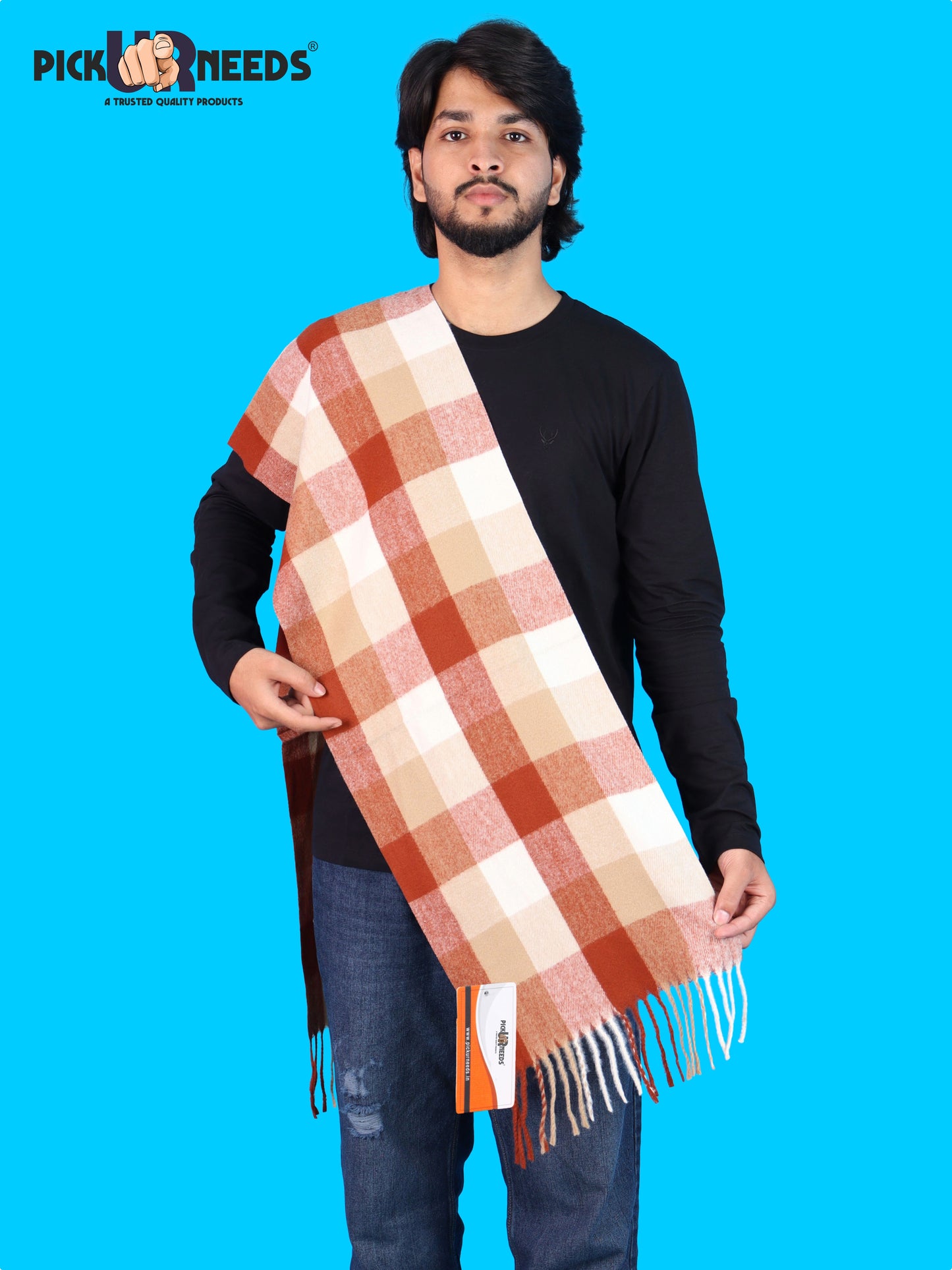 Pick Ur Needs Men’s Winter Muffler Shawl Soft Warm Checkered Scarf with Fringes  Stylish Neck Wrap for Men & Boys  Winter Wear Accessory