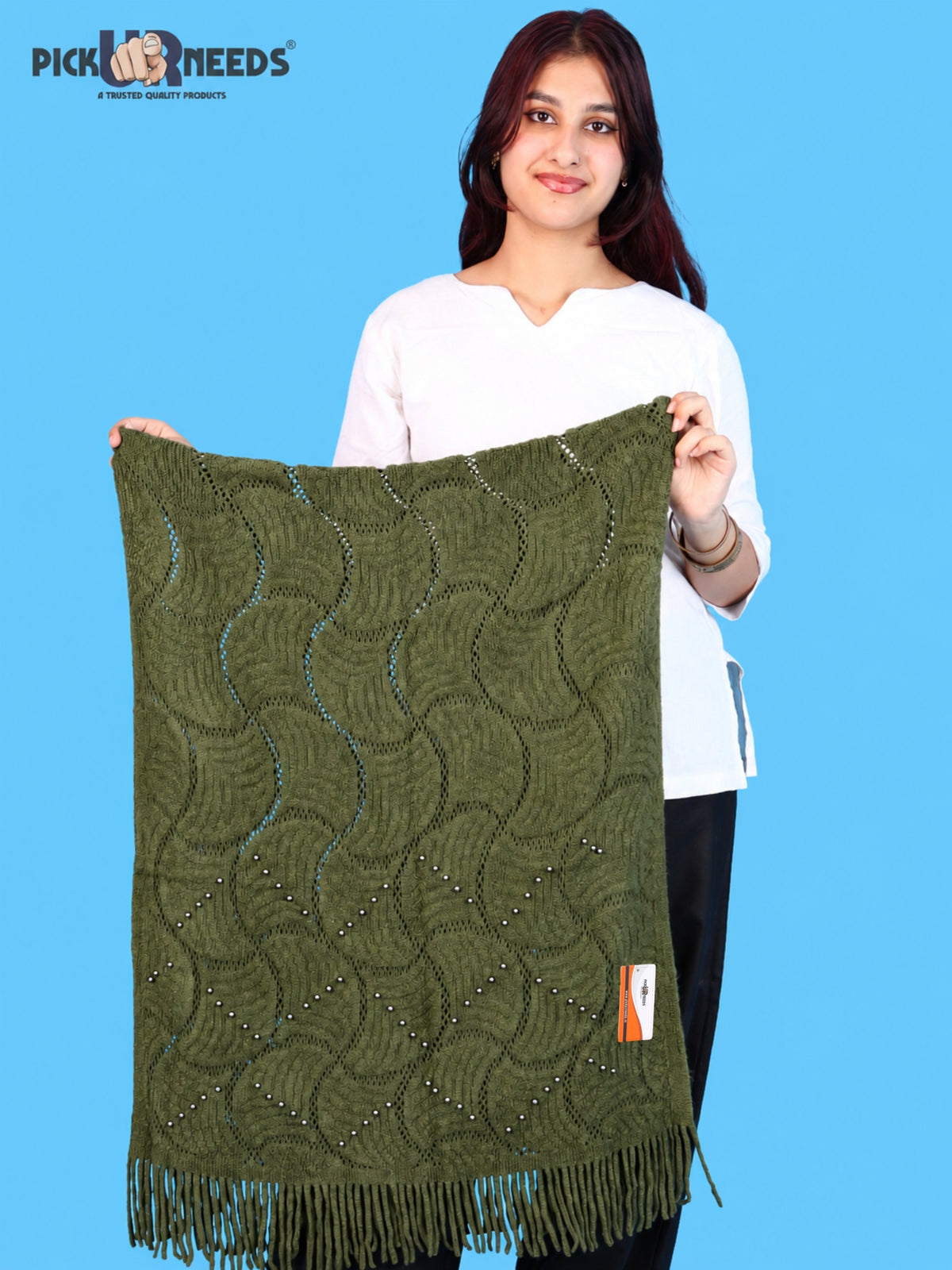 Pick Ur Needs Women & Girls Winter Warm Woolen Shawl Stole with Pearl Work & Fringes – Soft Stylish Wrap