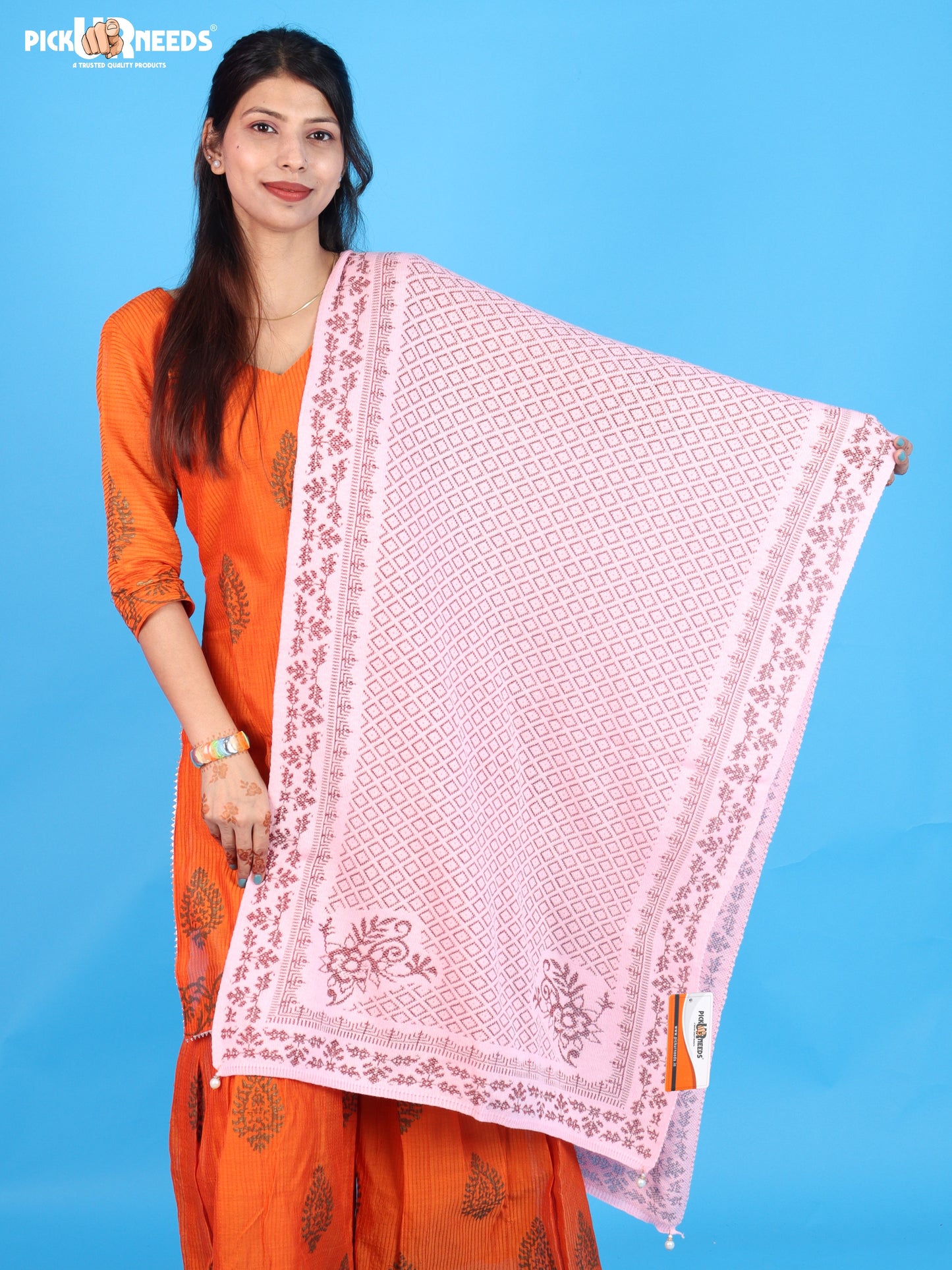 Pick Ur Needs Ladies Printed Winter Shawl with Elegant Pattern Soft Knitted Stole with Designer Border & Tassel Finish Comfortable Shoulder Wrap for