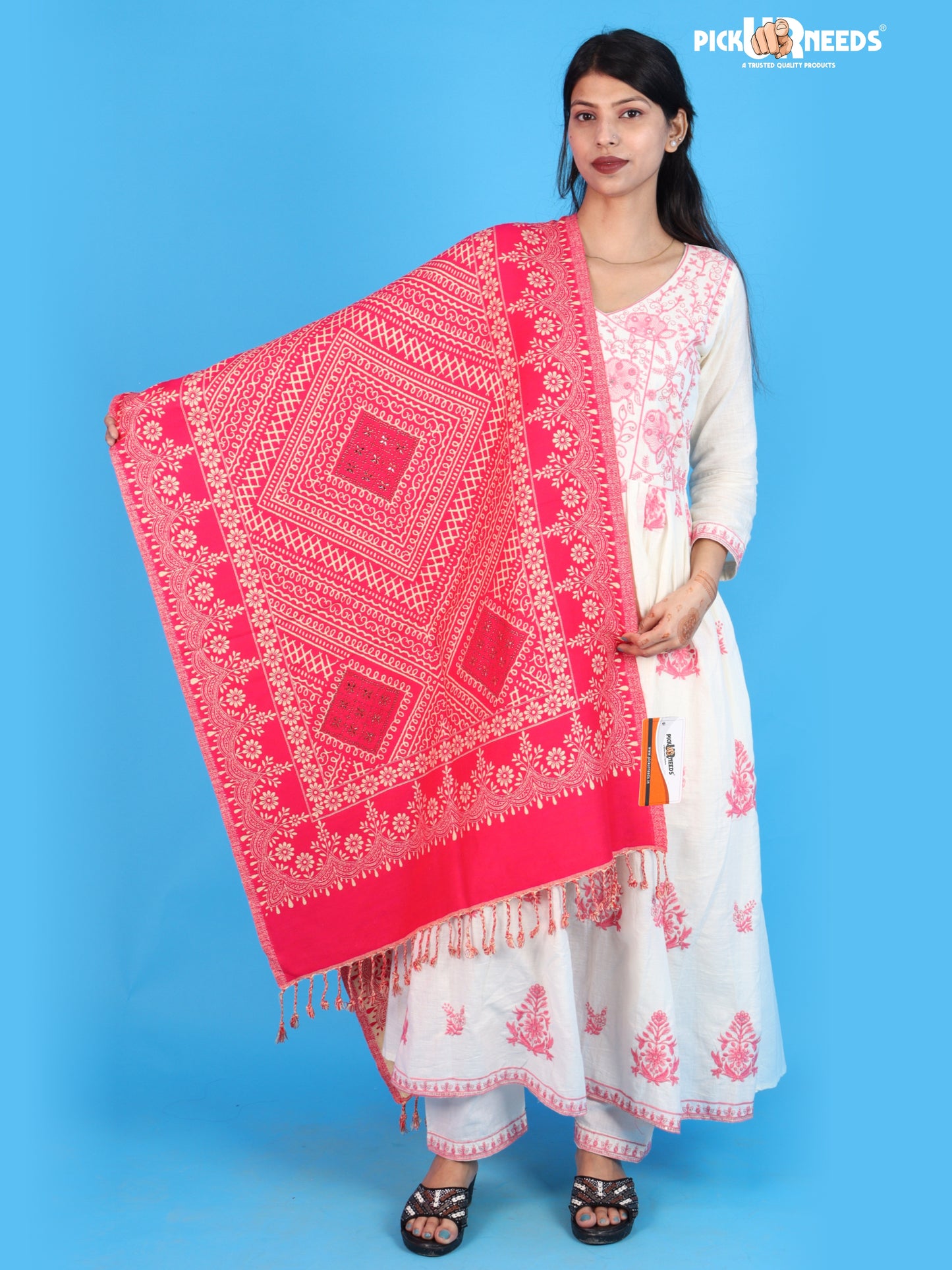 Pick Ur Needs Womens Elegant Embroidered Pattern Shawl Statement Wrap with Artistic Motif Work & Fringe Detailing Girls Stole for Ethnic and Casual Styling