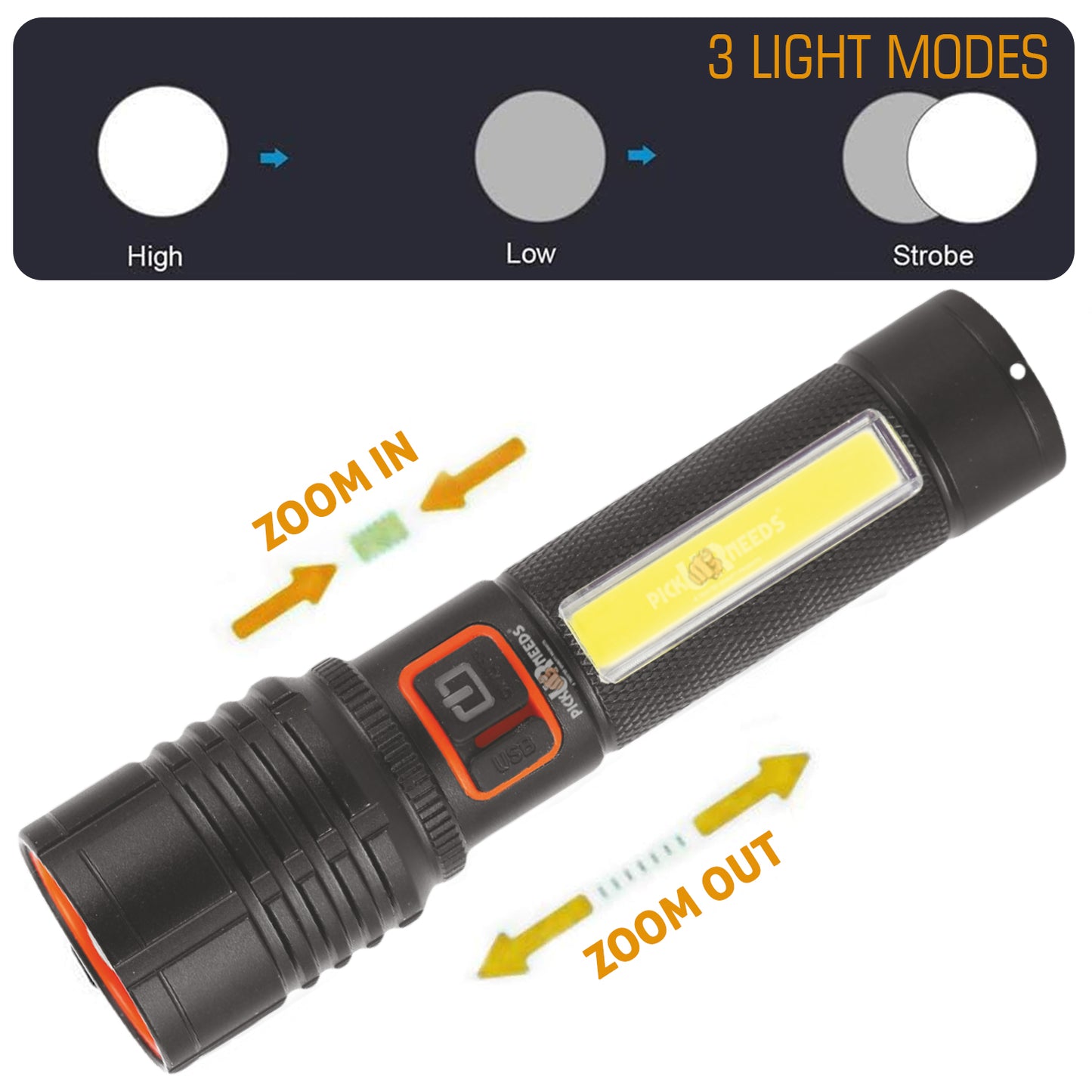 Pick Ur Needs Rechargeable 100W Aluminium Body Home Emergency Mini Search Torch Light Zoomable with 3 Mode + Side COB with 2 Mode 1200mAH Battery