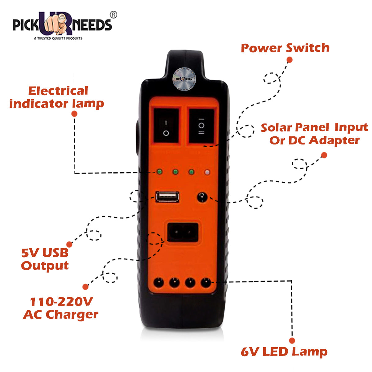 Pick Ur Needs LED Emergency Portable Inverter with 3 Individual 6 Volt LED Hanging Bulbs with 3.75 m Long Wire and AC/DC USB Socket with USB Wire for Mobile Charging with Solar Panel 5 hrs Torch Emergency Light