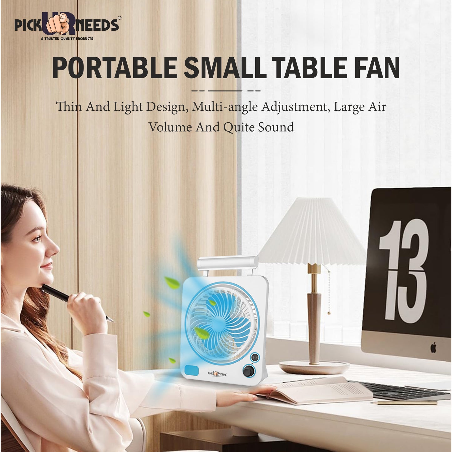 Pick Ur Needs Rechargeable Portable Mini Table Fan 2 Mode LED Light Foldable Design 3 mm Energy Saving 3 Blade Table Fan