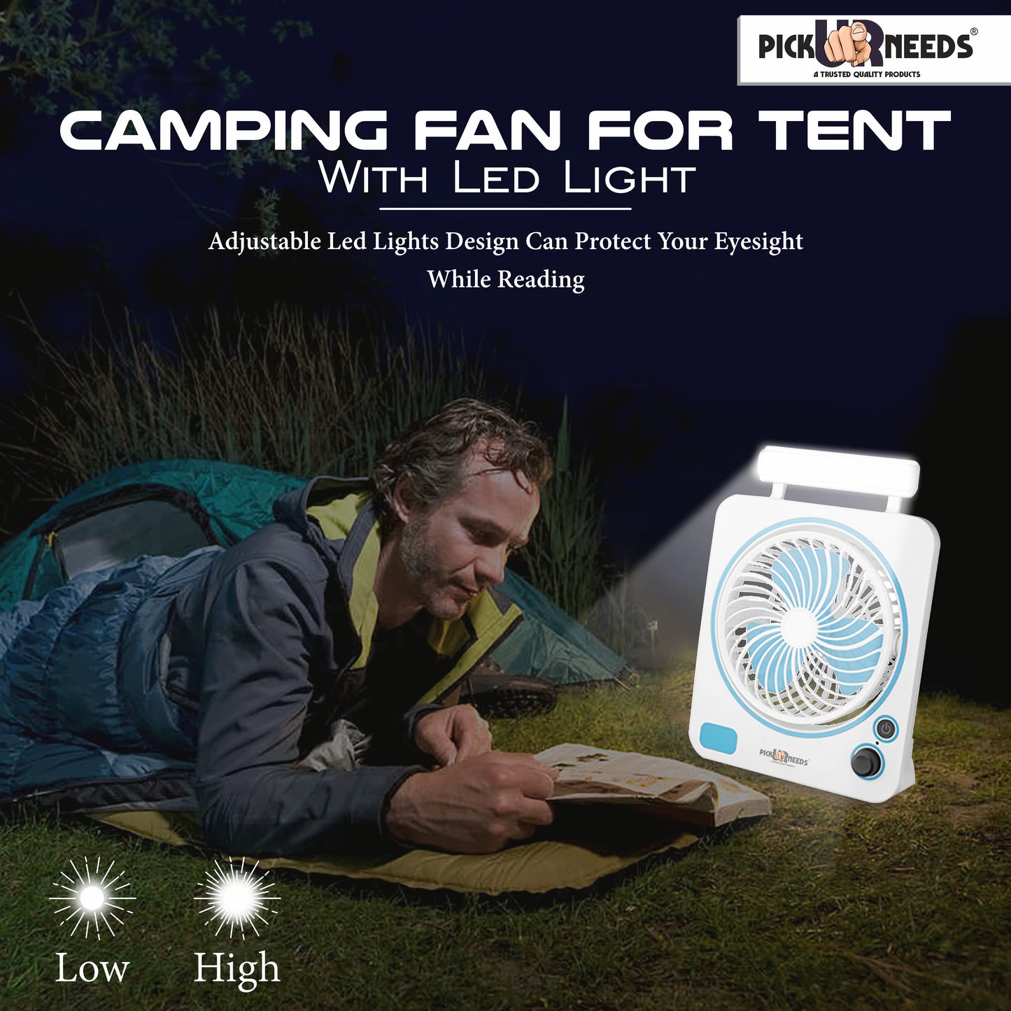 Pick Ur Needs Rechargeable Portable Mini Cooling Electric Table Fan 2 Mode LED Light Energy Saving for Outdoor, Indoor