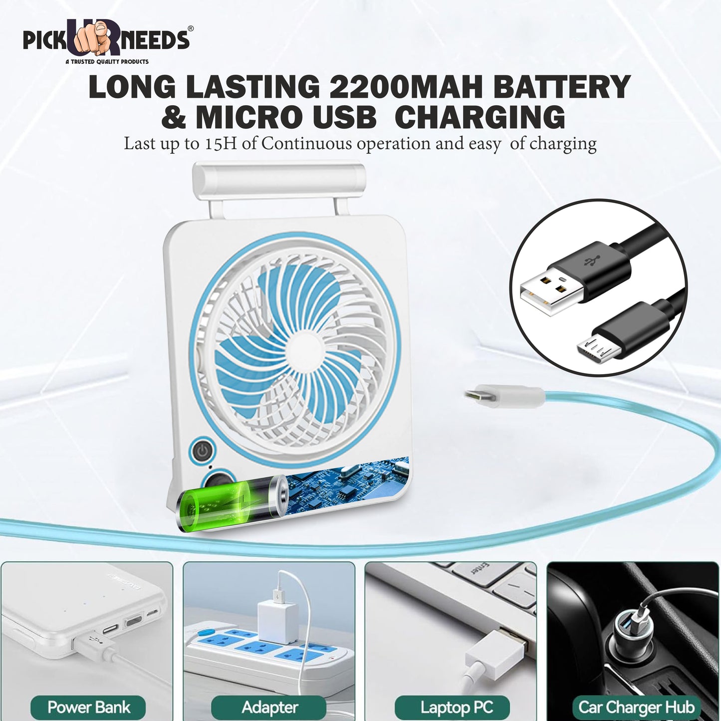 Pick Ur Needs Rechargeable Portable Mini Cooling Electric Table Fan 2 Mode LED Light Energy Saving for Outdoor, Indoor