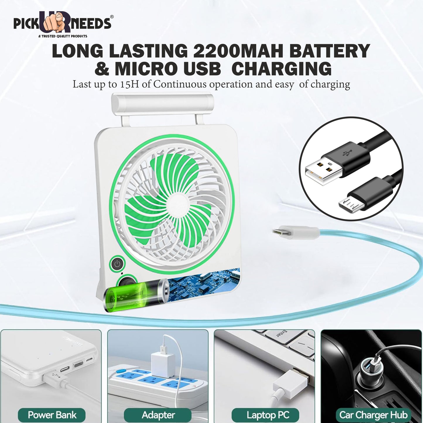 Pick Ur Needs Rechargeable Portable Mini Cooling Electric Table Fan 2 Mode LED Light Energy Saving for Outdoor, Indoor