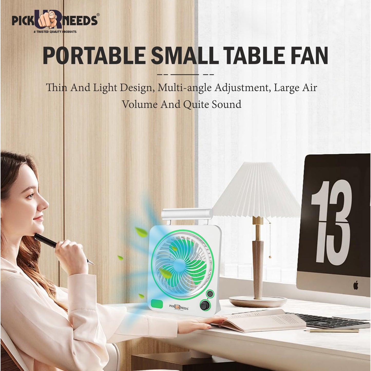 Pick Ur Needs Rechargeable Portable Mini Cooling Electric Table Fan 2 Mode LED Light Energy Saving for Outdoor, Indoor