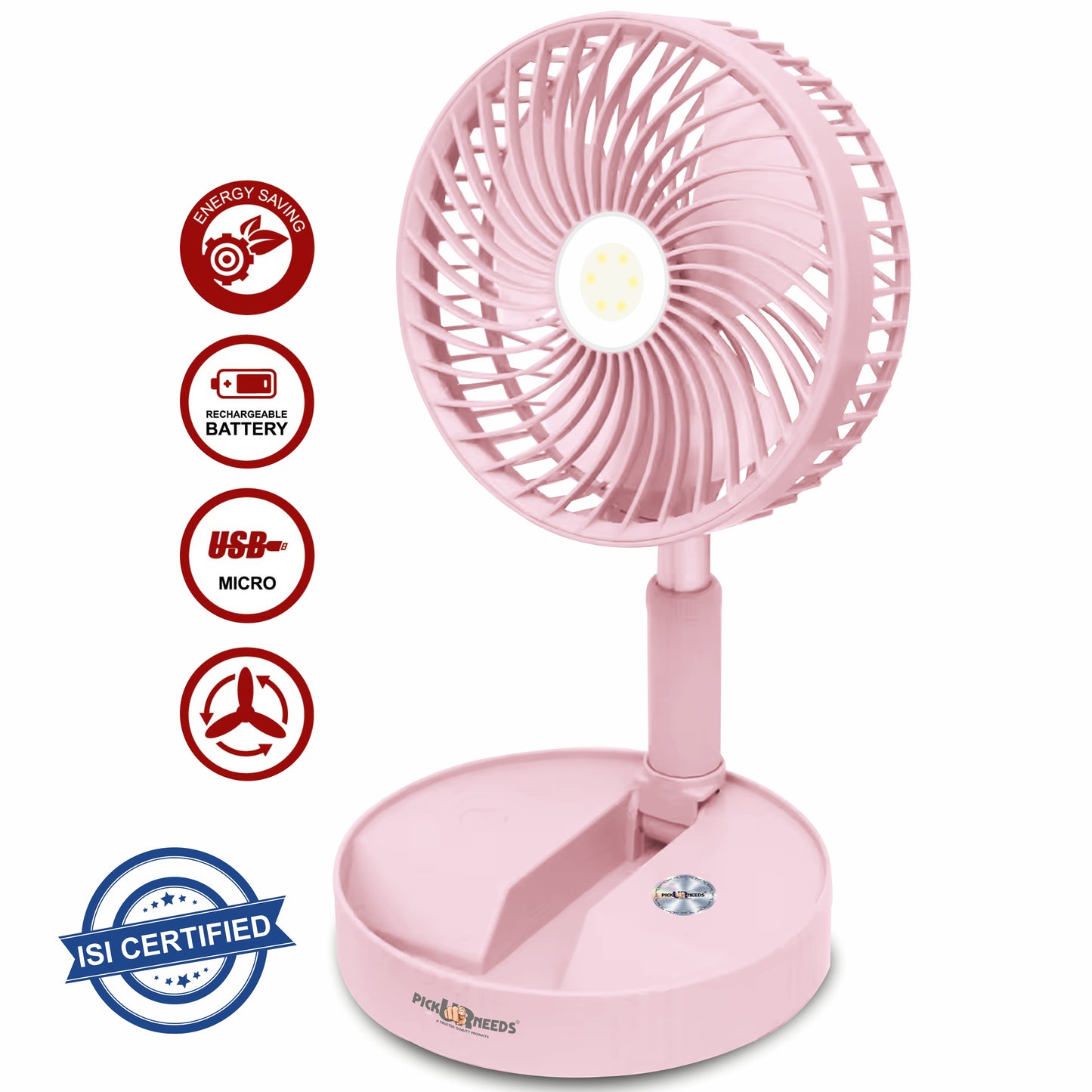 Pick Ur Needs Rechargeable Table Fan 2 Mode LED 3 Type Speed Foldable Design 3 mm Energy Saving 3 Blade Table Fan (Pink, Pack of 1)