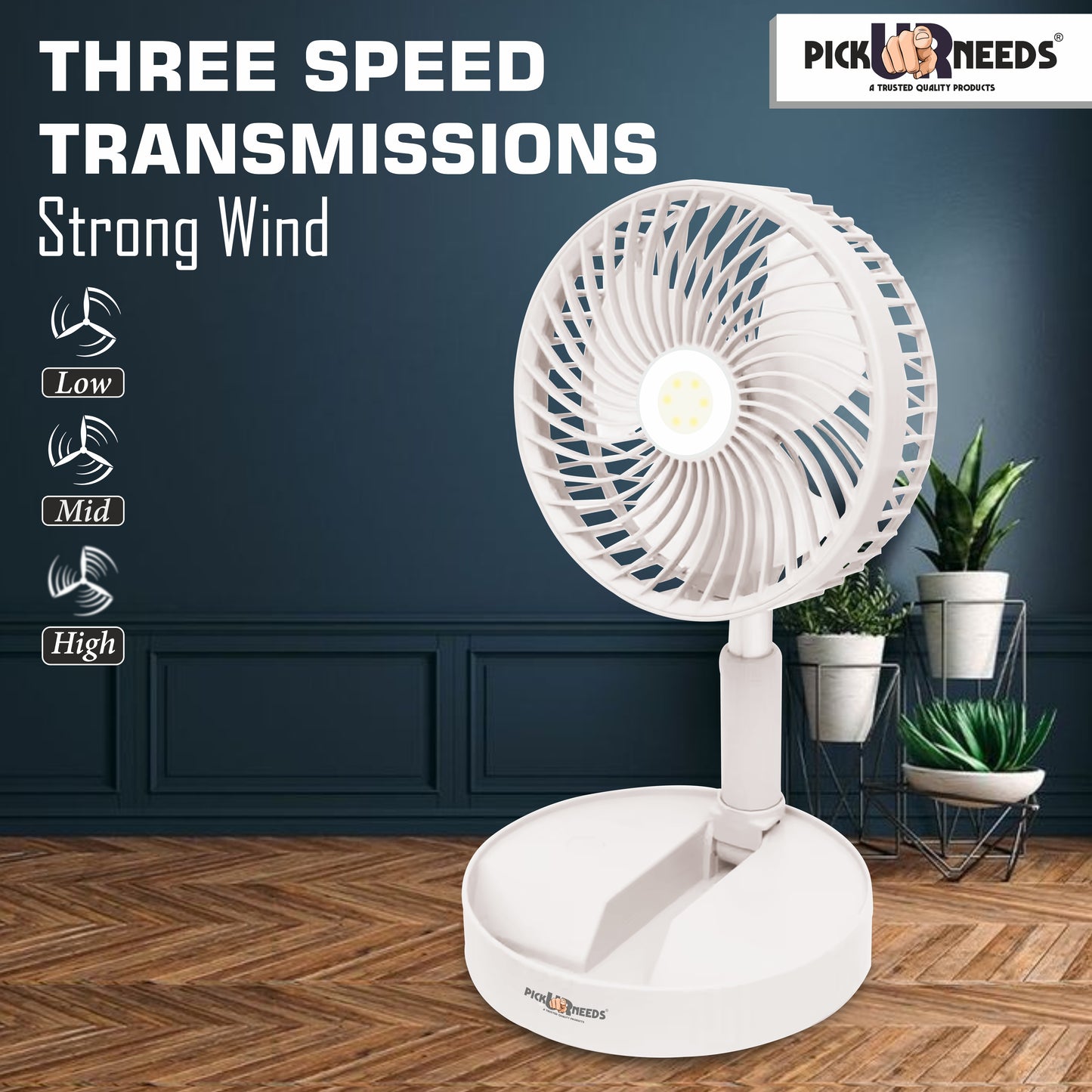 Pick Ur Needs Rechargeable Table Fan 2 Mode LED 3 Type Speed Foldable Design 3 mm Energy Saving 3 Blade Table Fan (Pink, Pack of 1)