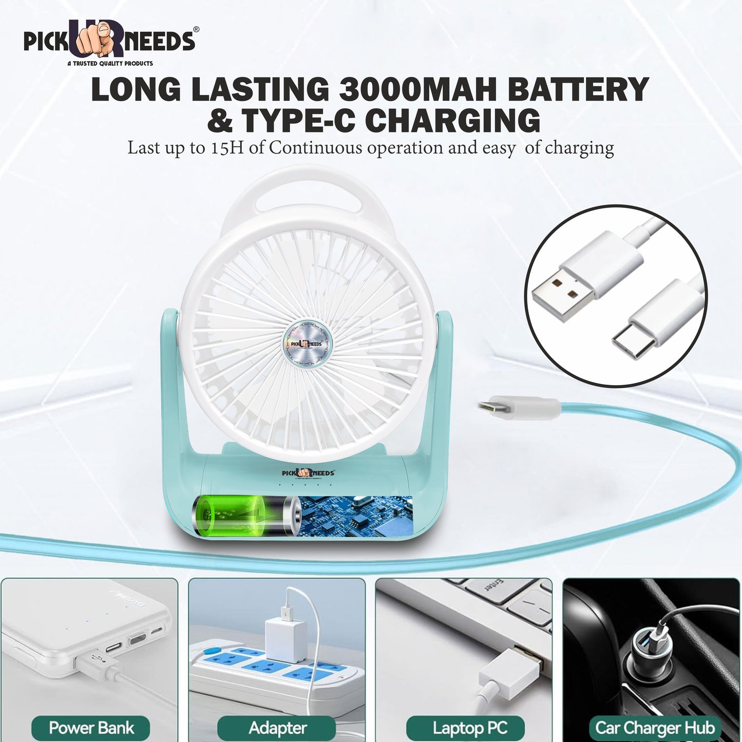 Pick Ur Needs Rechargeable Table Fan With 1 LED Flashlight and 4 Speed Mode 3000mAh Battery 180 Degree Rotation
