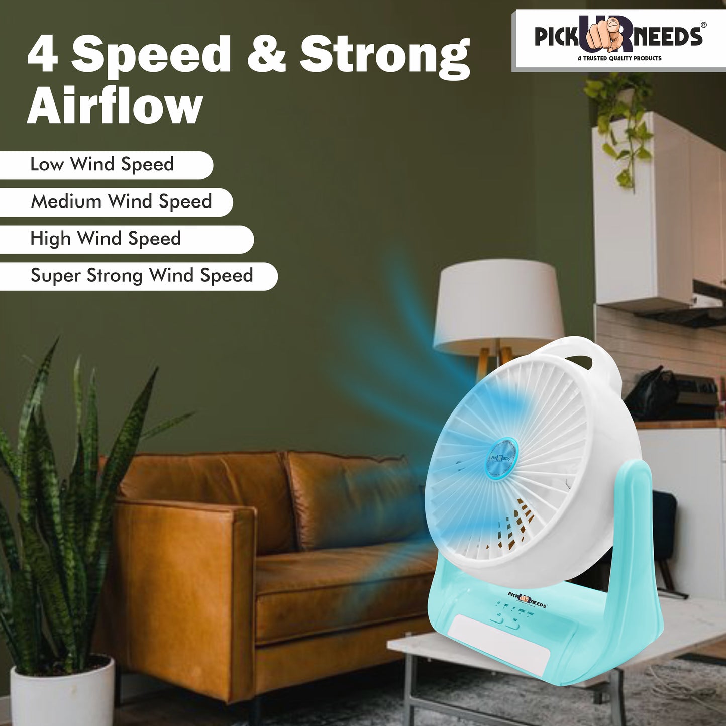 Pick Ur Needs Rechargeable Table Fan With 1 LED Flashlight and 4 Speed Mode 3000mAh Battery 180 Degree Rotation