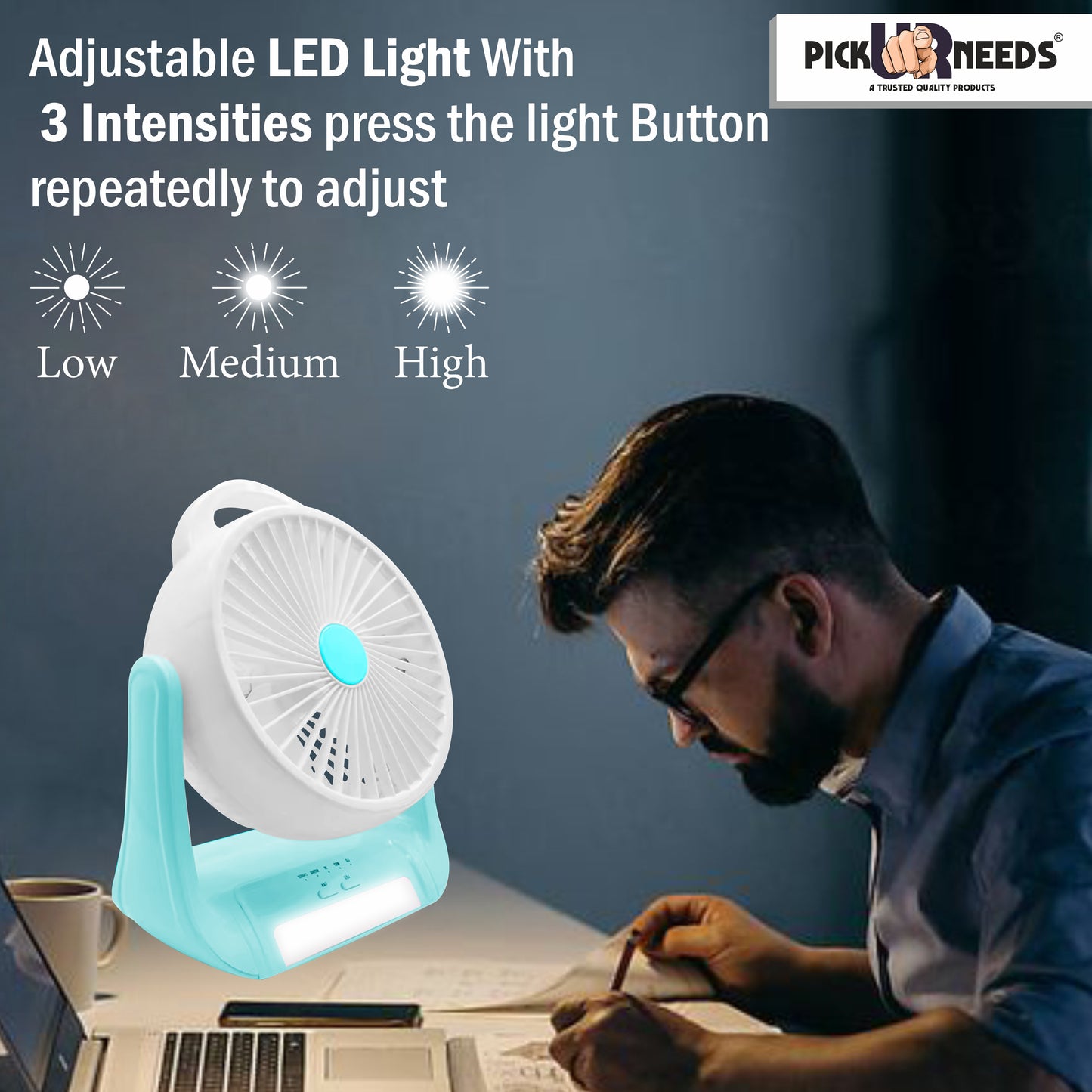 Pick Ur Needs Rechargeable Table Fan With 1 LED Flashlight and 4 Speed Mode 3000mAh Battery 180 Degree Rotation