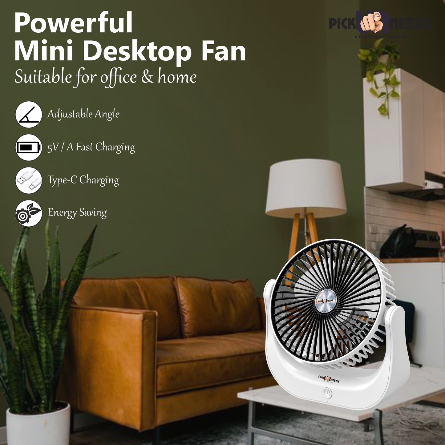 Pick Ur Needs Rechargeable Mini Table Fan 2000mAh Battery Type C Charging 180 Degree Moving 3 mm Energy Saving 3 Blade Table Fan