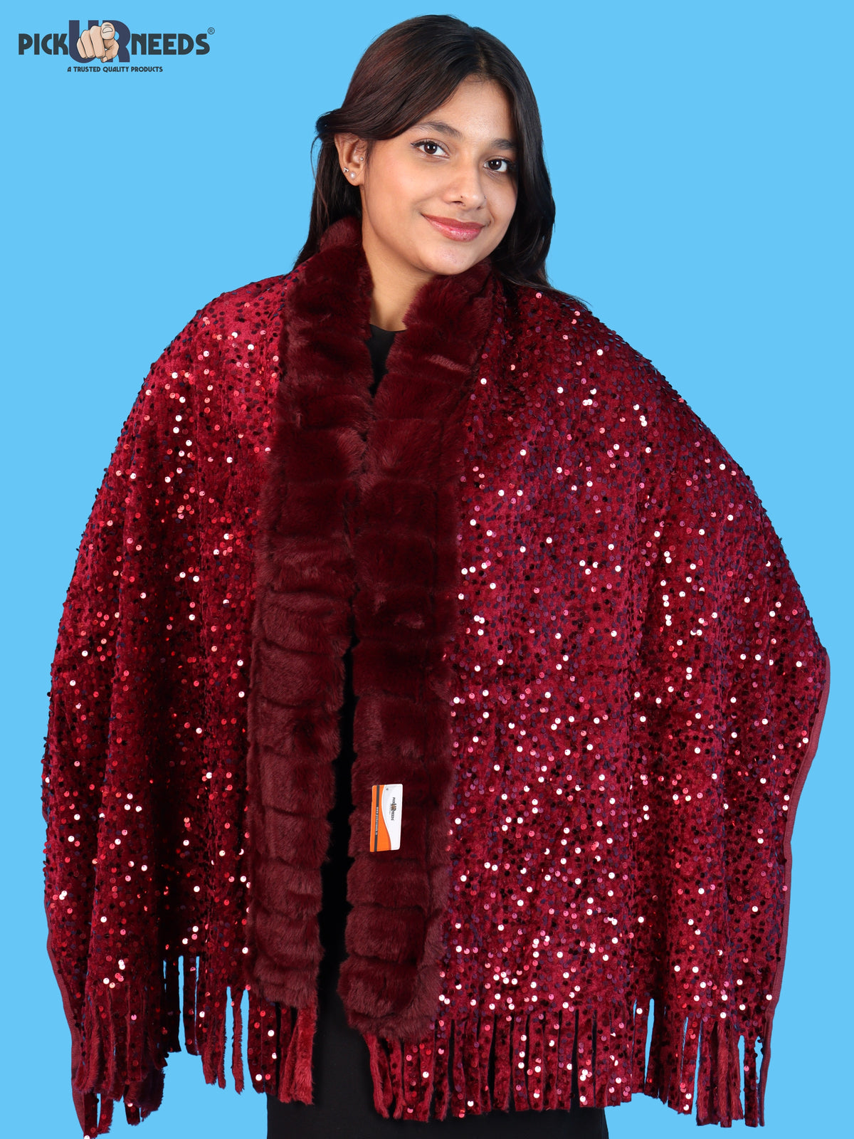 Pick Ur Needs Premium Winter Women Shawl with Shimmering Sequin Work & Soft Fur Border Elegant Warm Designer Shawls with Fringe Tassels for Ladies & Girls