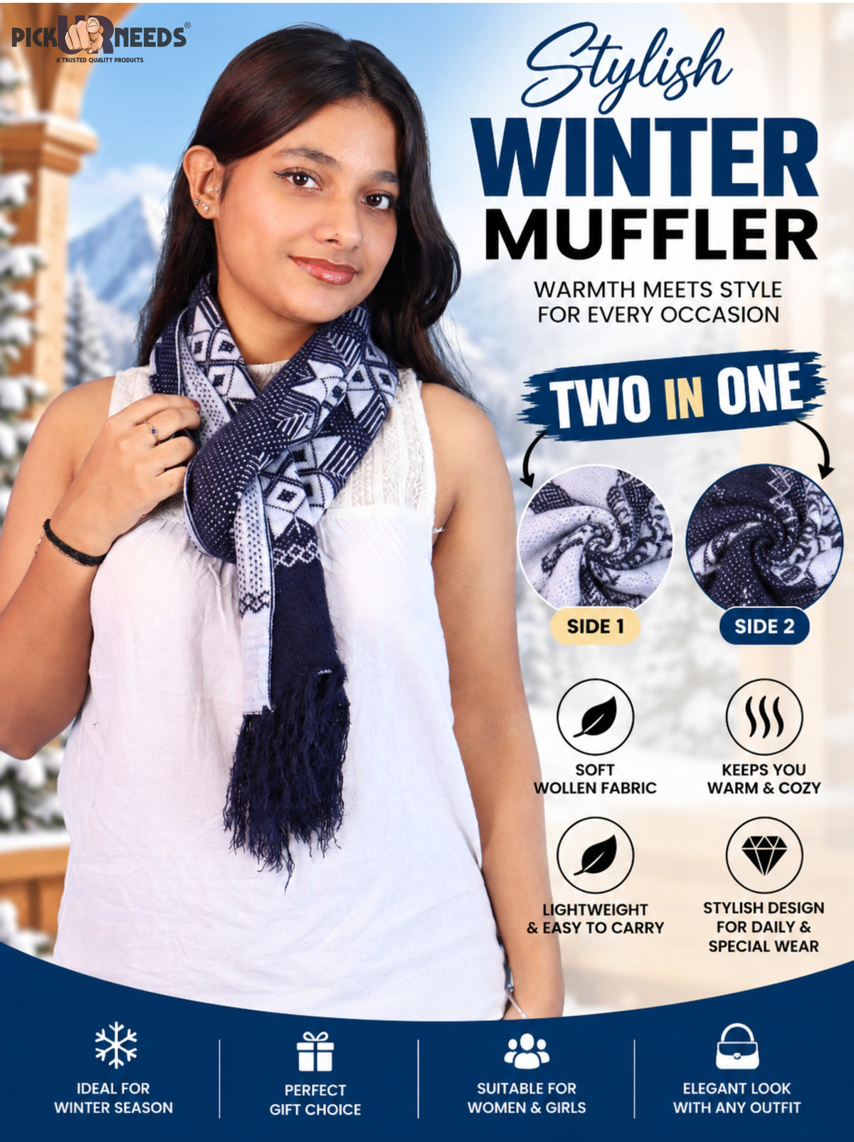 Pick Ur Needs Women & Girls Reversible Knitted Winter Muffler, Soft Warm Woollen Scarf with Geometric Pattern and Tassels, Lightweight Dual-Sided Winter Wrap
