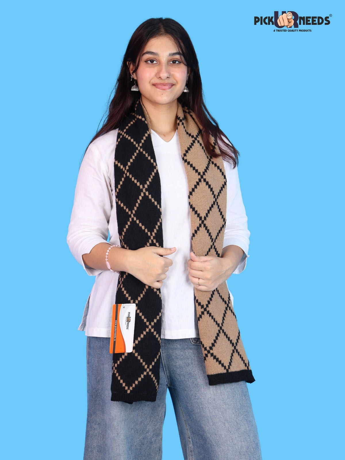 Pick Ur Needs Premium Winter Woolen Scarf for Women Designer Checkered Warm Muffler Soft, Stylish & Cozy Cold Weather Wrap