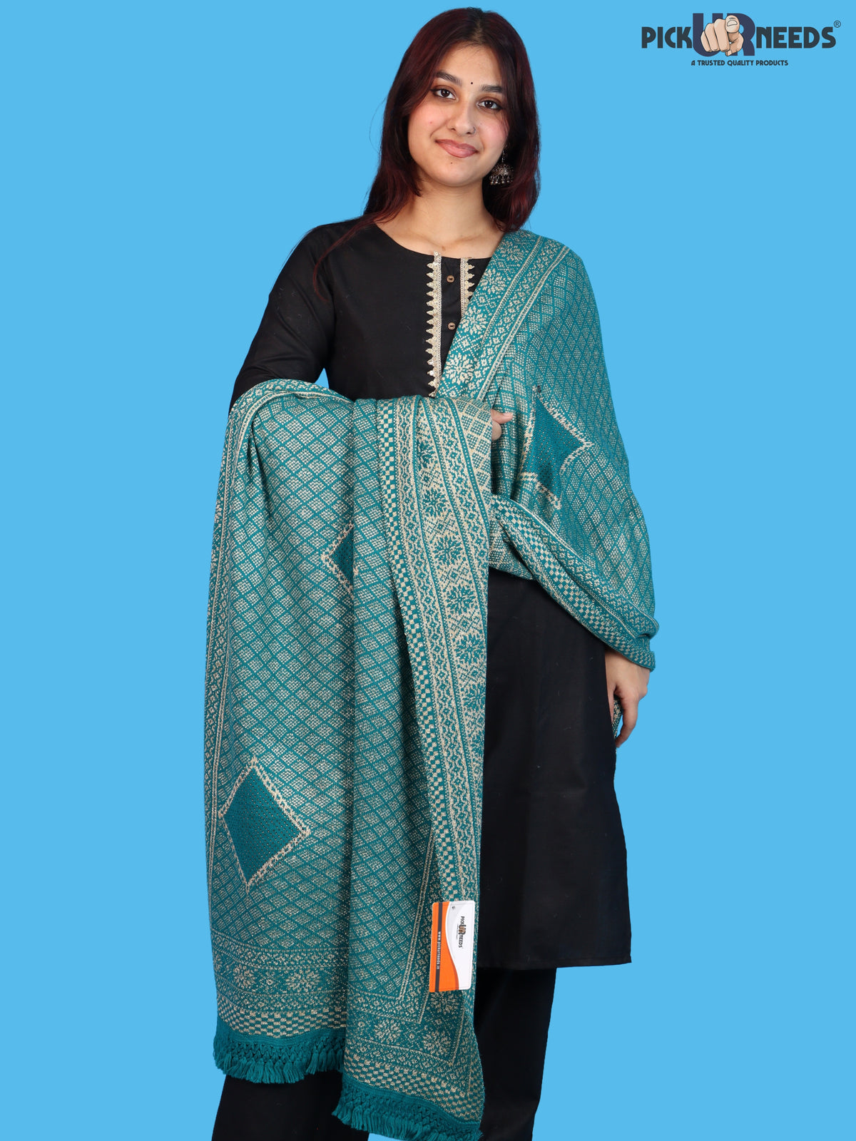 Pick Ur Needs Women & Girls Designer Shawl Stole with Elegant Woven Floral & Geometric Pattern, Soft Warm Winter Wrap with Fringed Border, Stylish Shoulder Scarf for Ladies