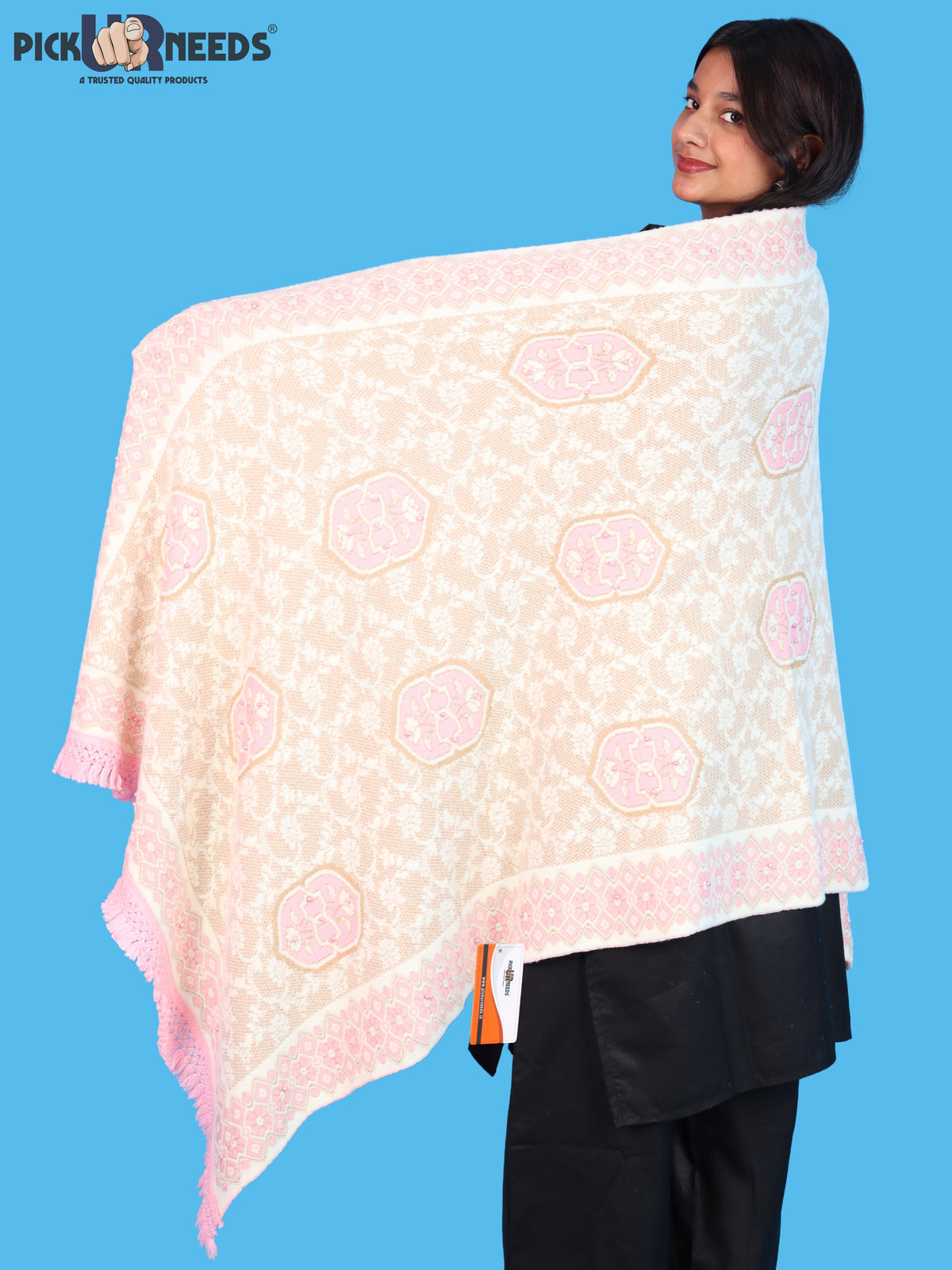 Pick Ur Needs Printed Women’s Woolen Shawl with Elegant Floral Pattern & Fur Border