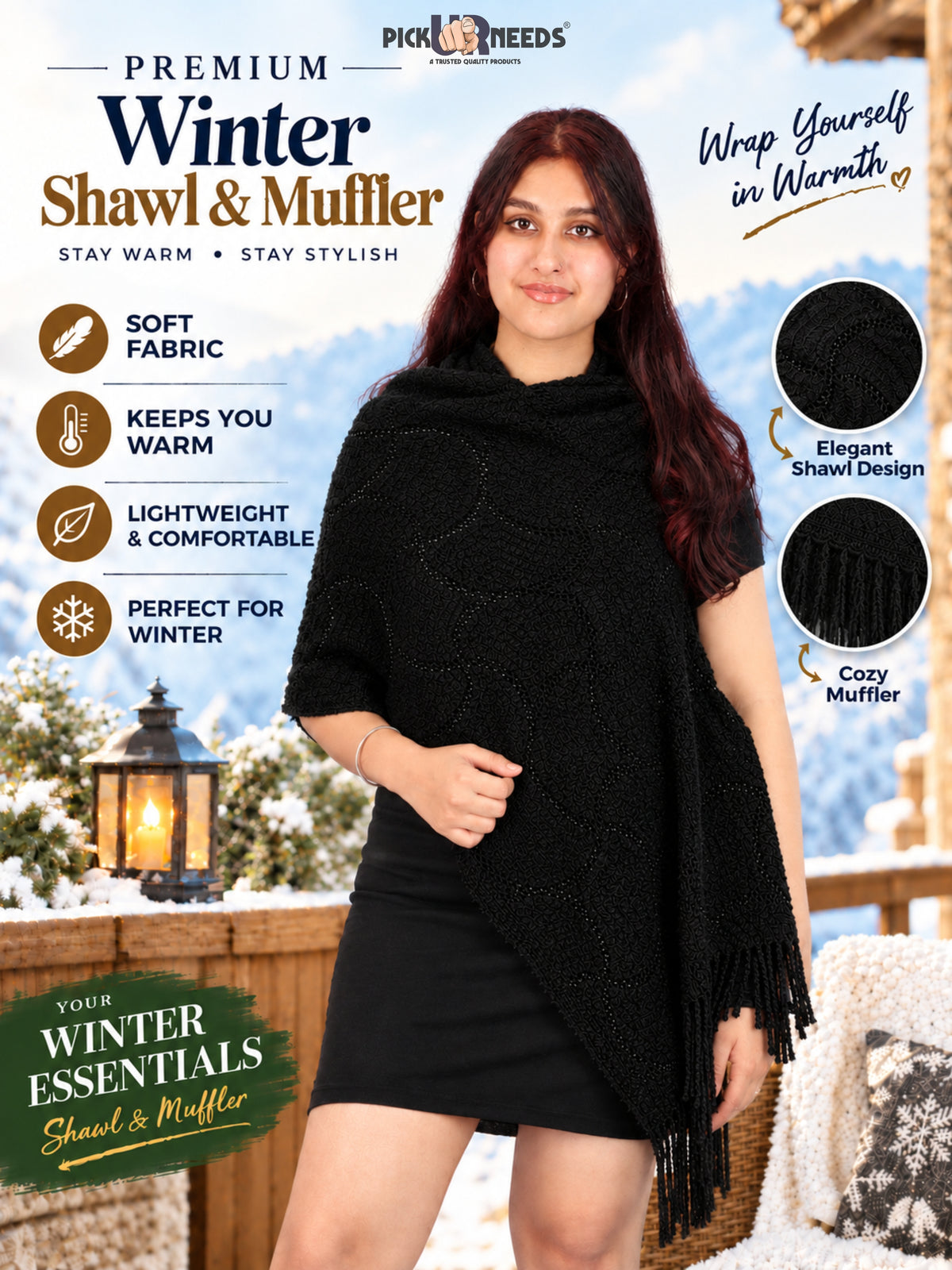 Pick Ur Needs Women & Girls Winter Warm Woolen Muffler with Pearl Work & Fringes – Soft Stylish Wrap