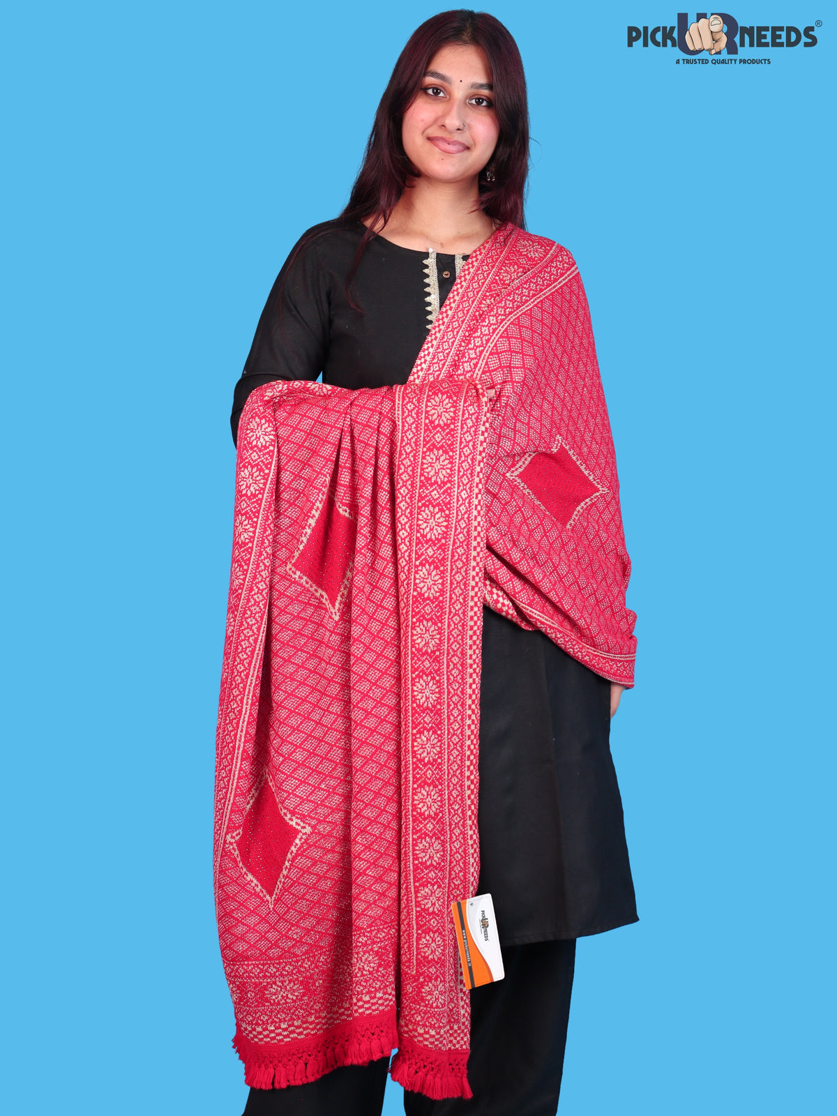 Pick Ur Needs Women & Girls Designer Shawl Stole with Elegant Woven Floral & Geometric Pattern, Soft Warm Winter Wrap with Fringed Border, Stylish Shoulder Scarf for Ladies