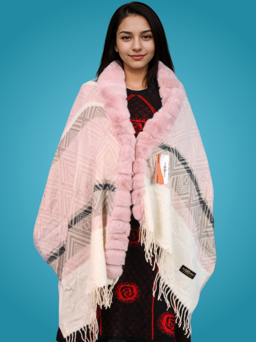 Pick Ur Needs Women's Winter Geometric Printed Faux Fur Border Shawl with Tassels  Soft Warm Wrap Stole for Casual, Party & Travel