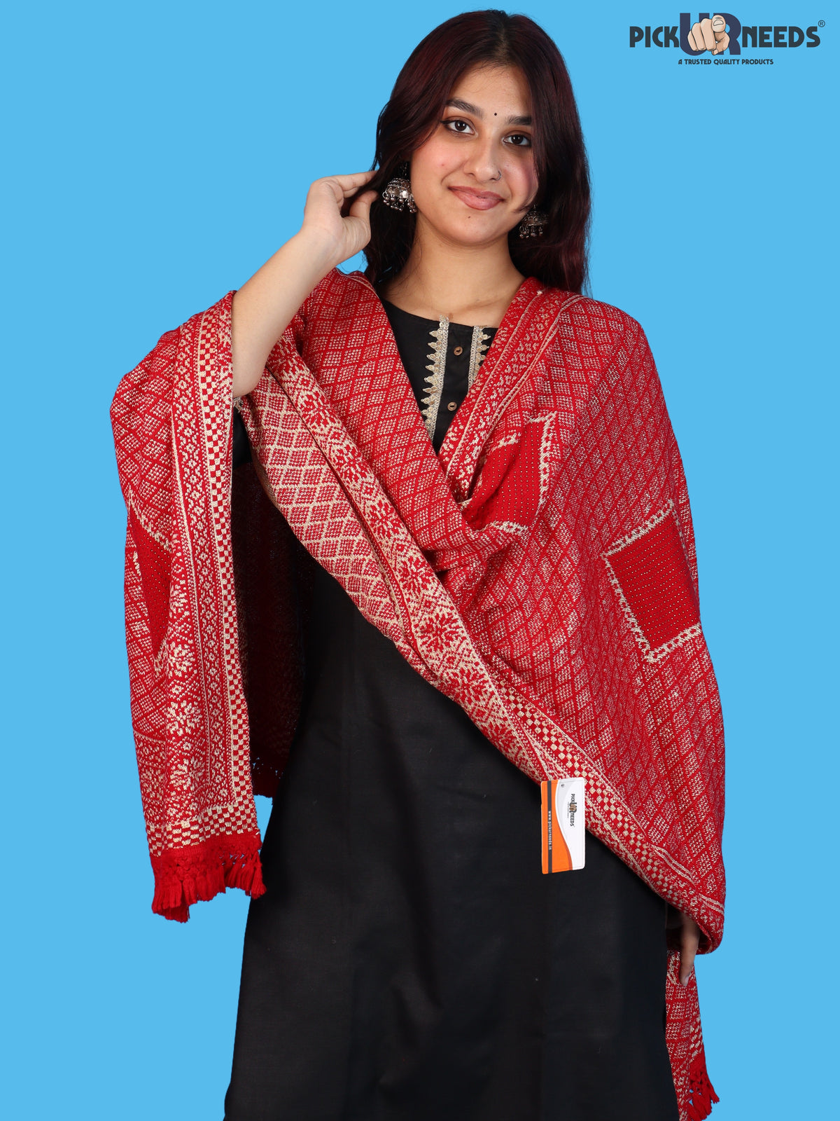 Pick Ur Needs Women & Girls Designer Shawl Stole with Elegant Woven Floral & Geometric Pattern, Soft Warm Winter Wrap with Fringed Border, Stylish Shoulder Scarf for Ladies