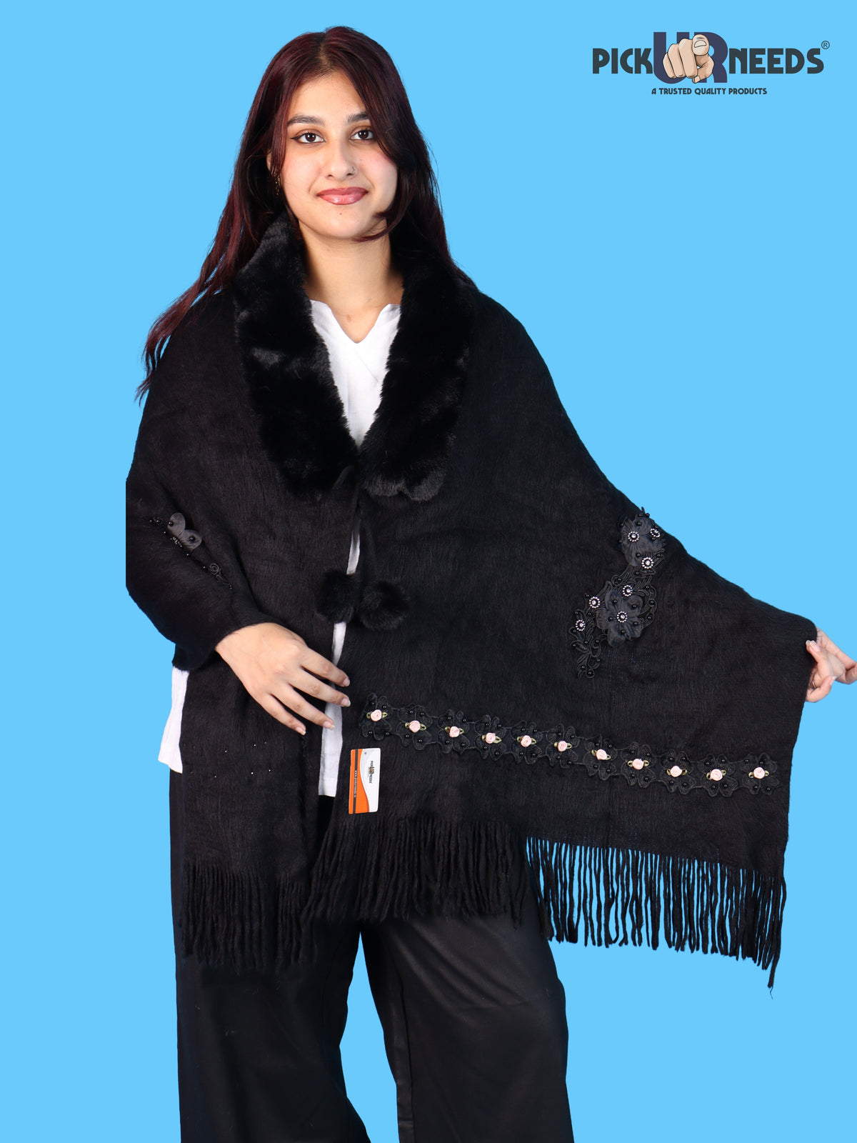 Pick Ur Needs Womens Premium Winter Shawl Shrug with Soft Fur Collar, Floral Embroidery, Pom-Pom Tie & Fringe Detailing Stylish Warm Wrap for Girls